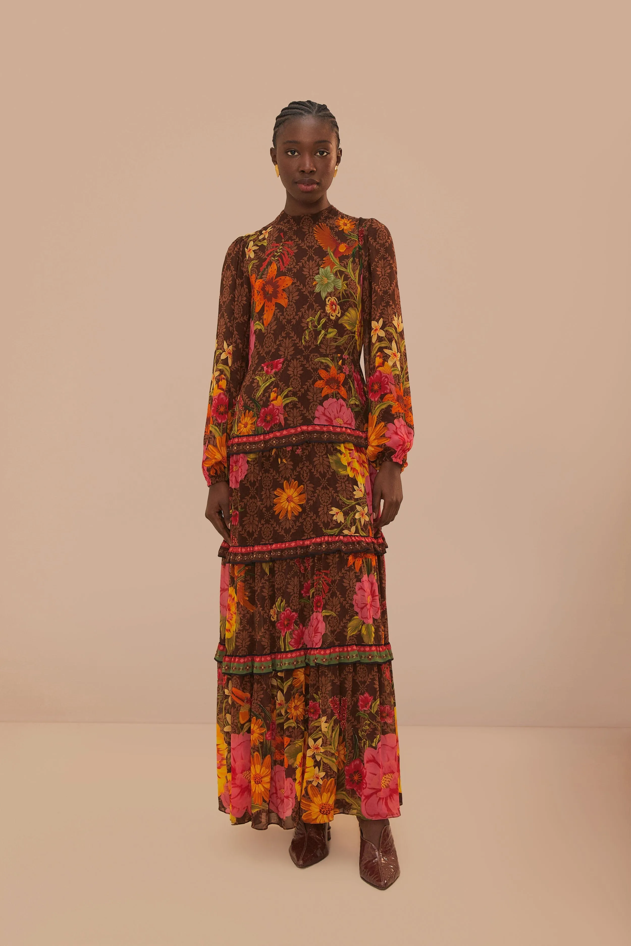 With its flowy design this dress drapes beautifully for a sophisticated look Urban Cool Brown Charming Garden Long Sleeve Maxi Dress