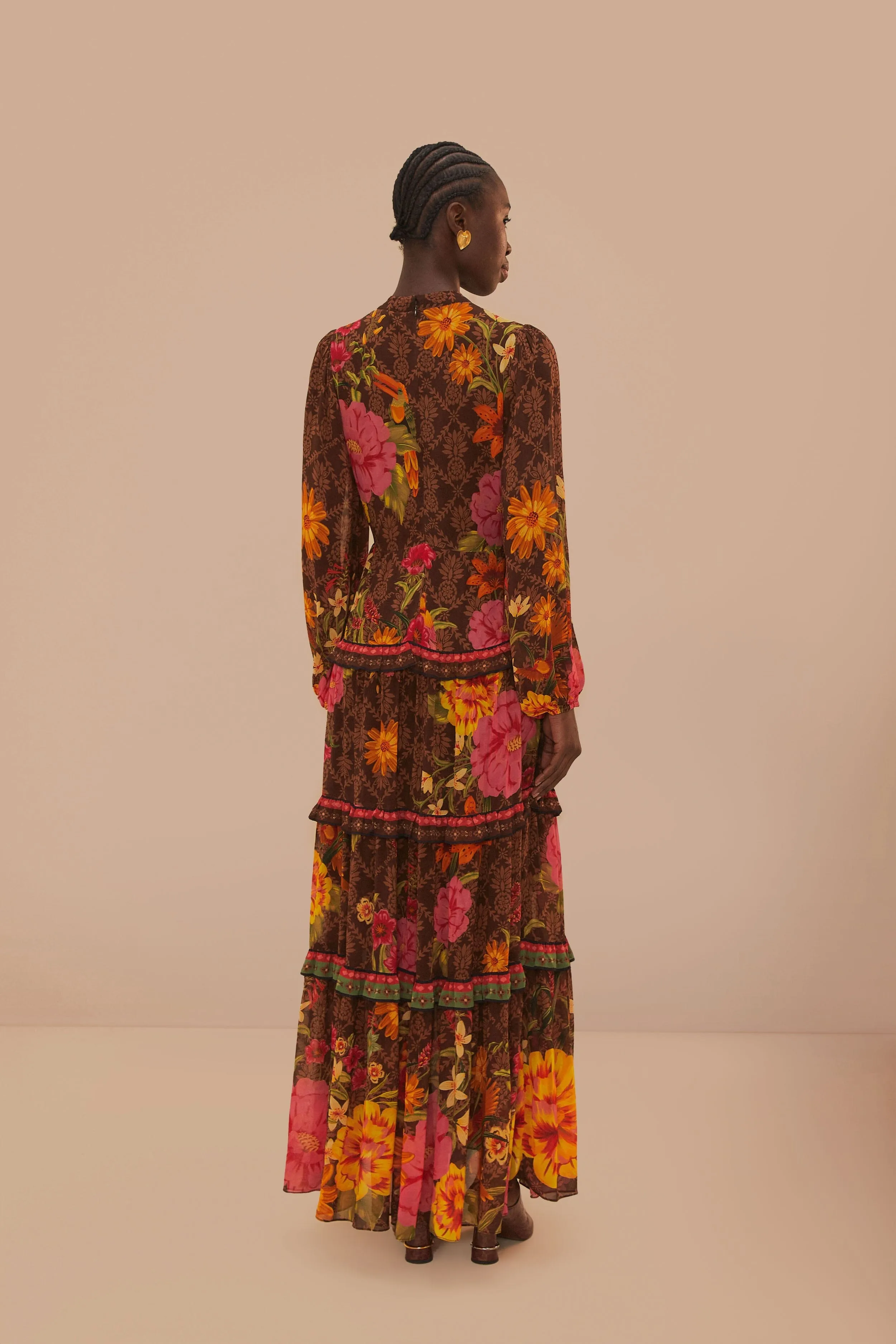 Layer Ready Black Chic Brown Charming Garden Long Sleeve Maxi Dress