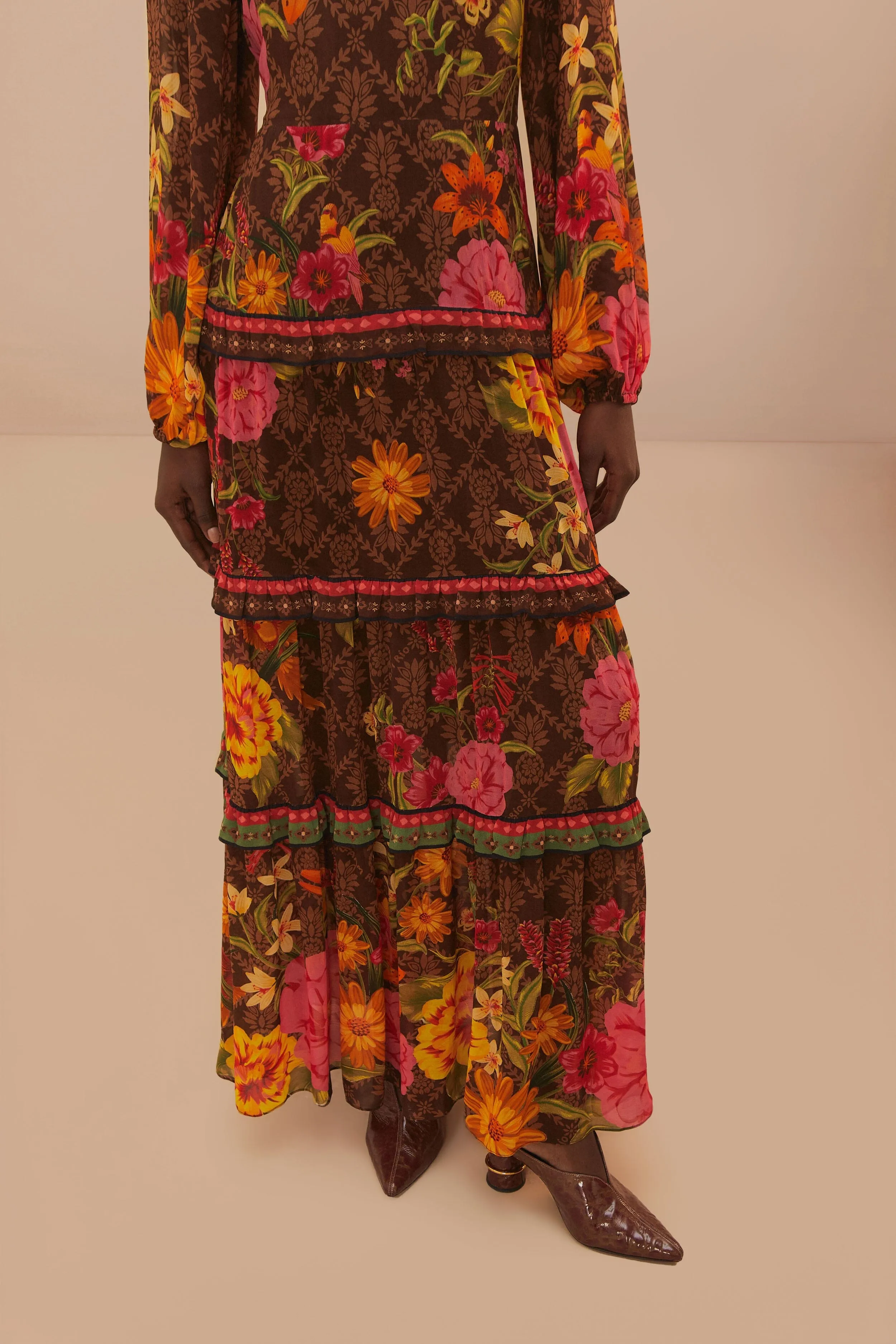Island Trail Formal outdoor event dress Brown Charming Garden Long Sleeve Maxi Dress