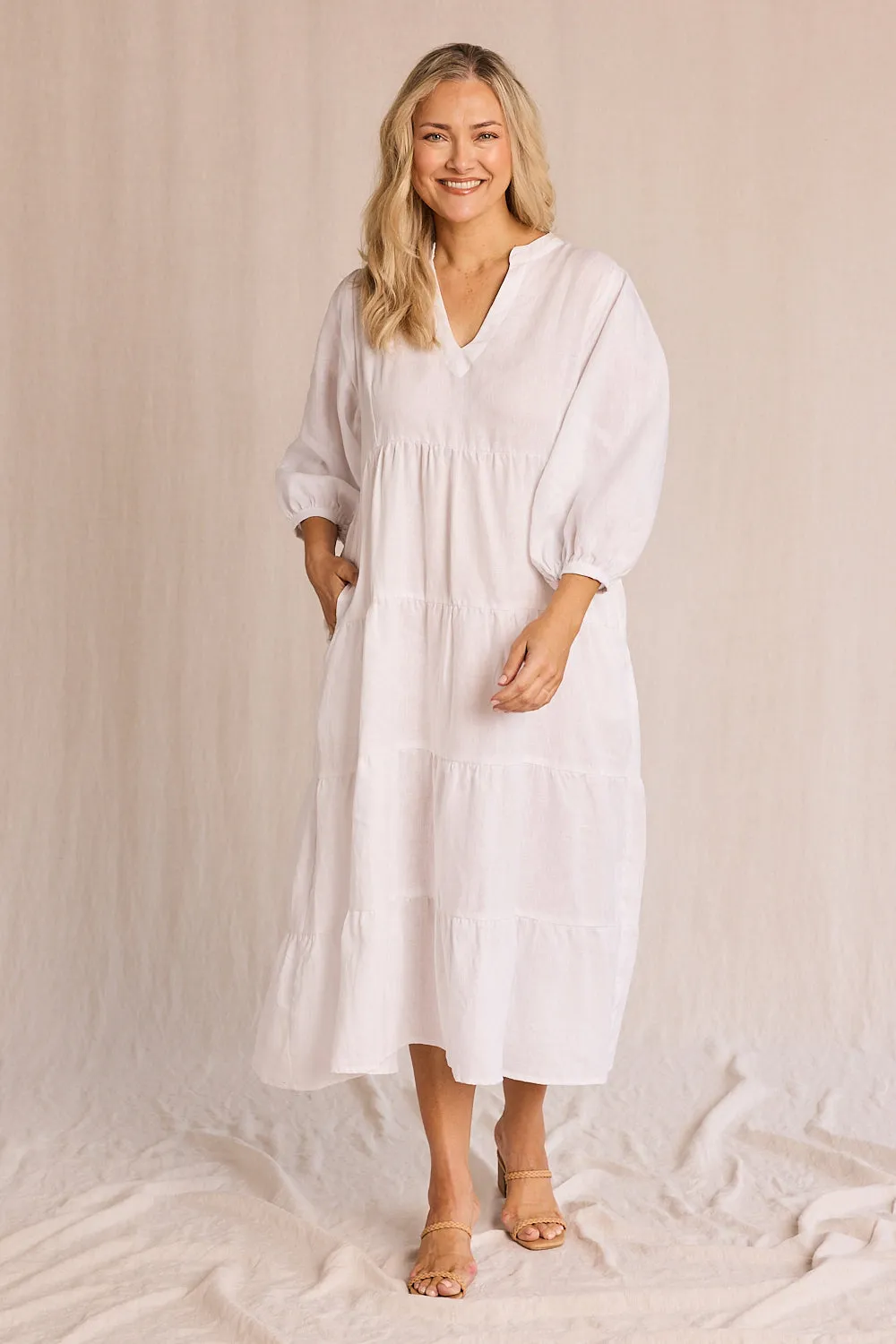 Sabre Linen V-Neck Dress in White Town Lane Market Lane