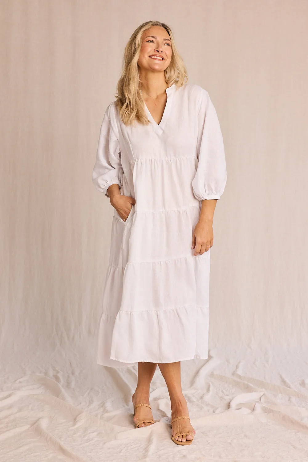 Coastal Chic Sabre Linen V-Neck Dress in White