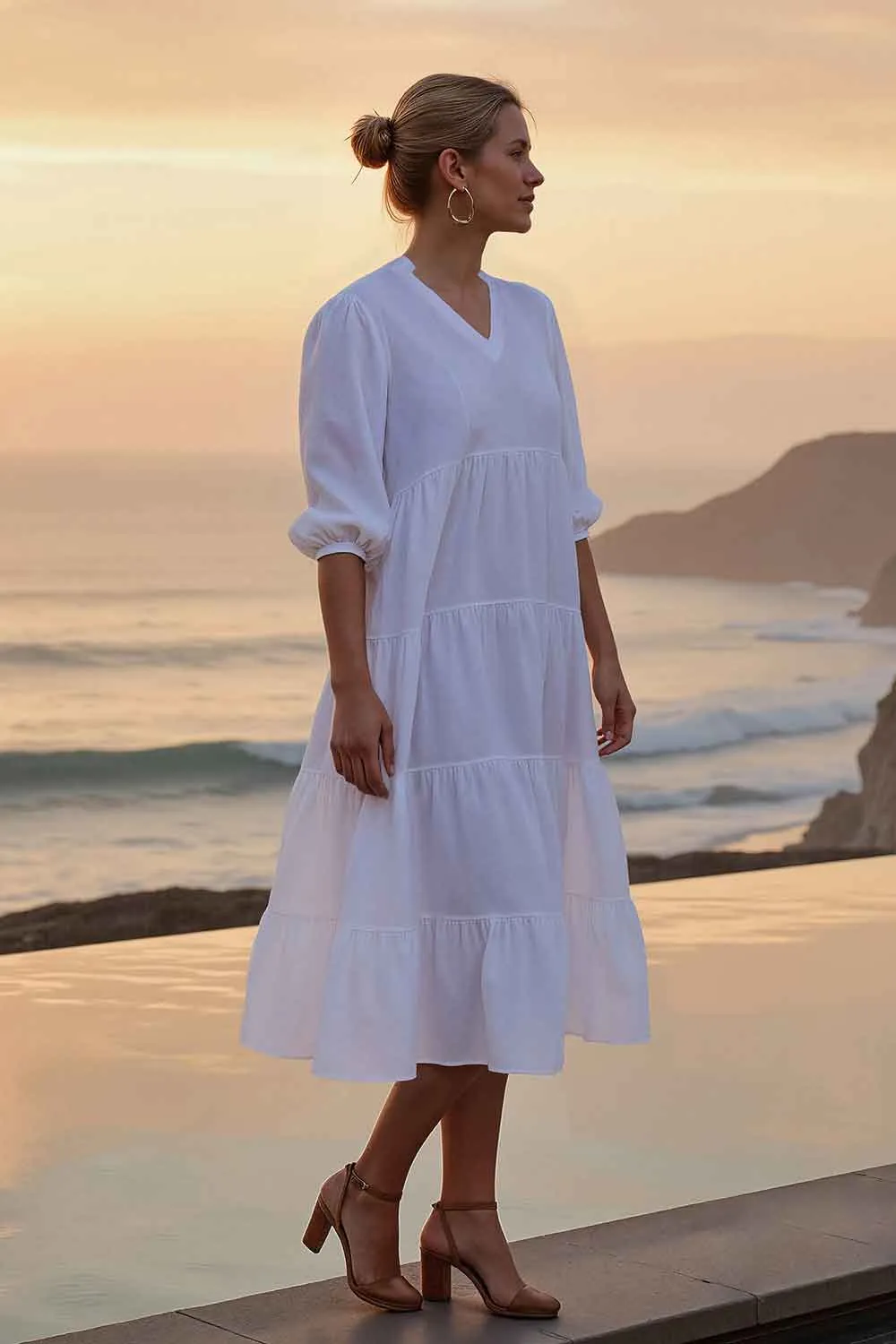 Crystal View natural fiber Sabre Linen V-Neck Dress in White