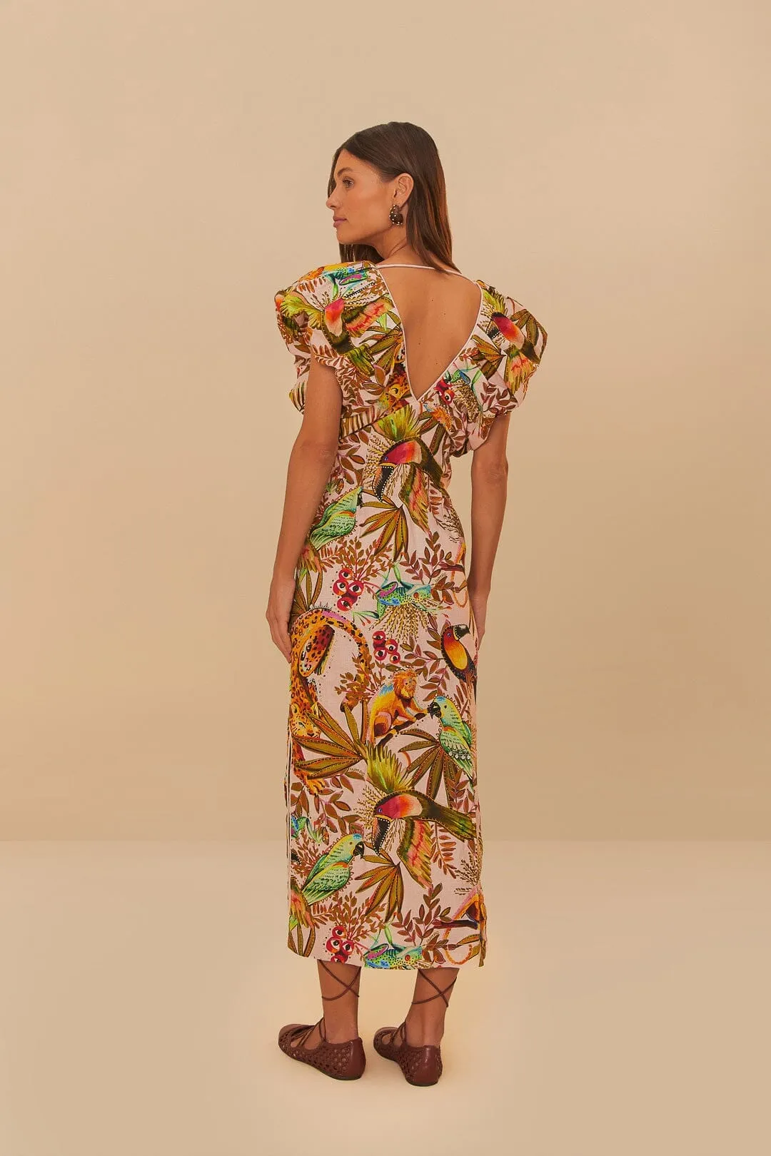Pink Into The Jungle Euroflax? Premium Linen Midi Dress Flattering midi silhouette summer breeze