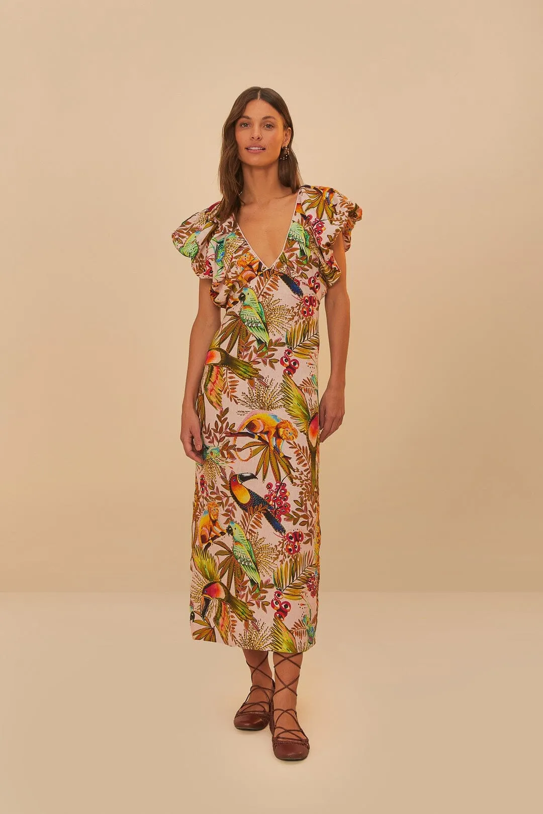 Stone Touch Road Trip Pink Into The Jungle Euroflax? Premium Linen Midi Dress