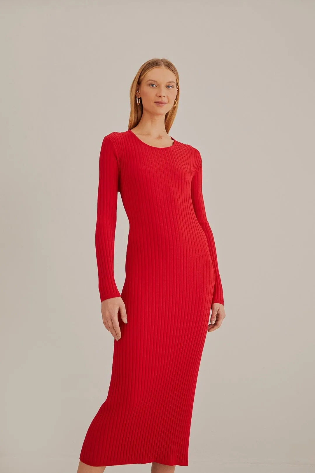 All Day Comfort Red Knit Midi Dress