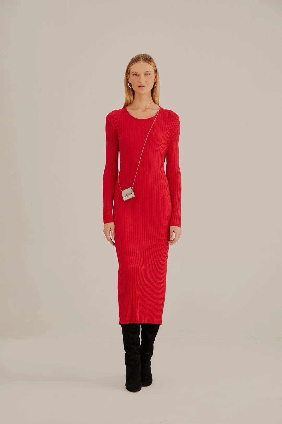 Cherry Grove Relaxed Style Red Knit Midi Dress