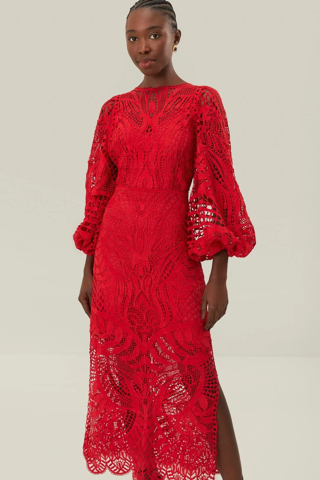 Red Nature Guipure Midi Dress Timeless Silhouettes Style Versatile