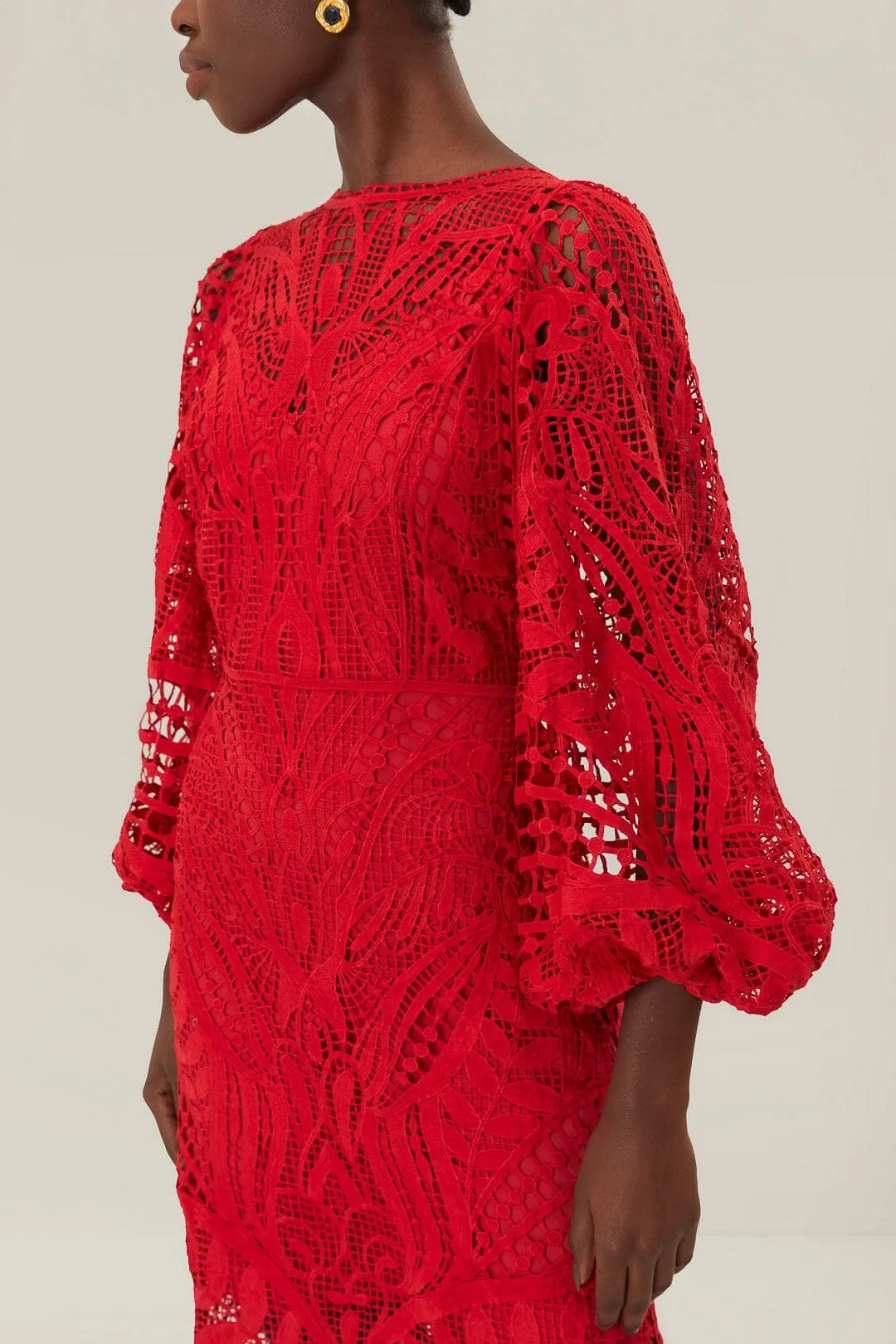 Casual Elegance Red Nature Guipure Midi Dress
