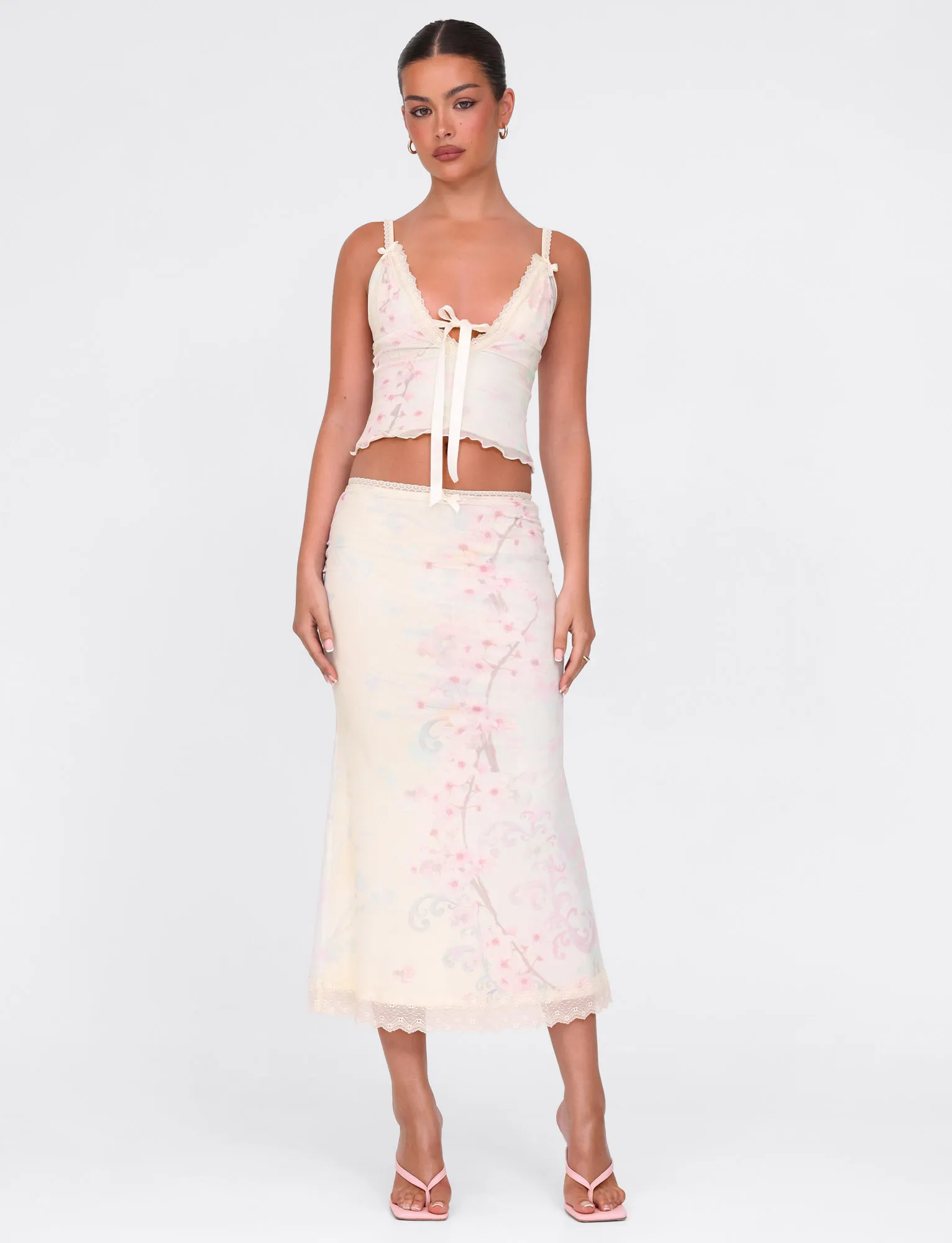 Refined Finish Ventilated Slits LONIE MIDI SKIRT - NEUTRAL : FLORAL : WASHED CHERRY BLOSSOM