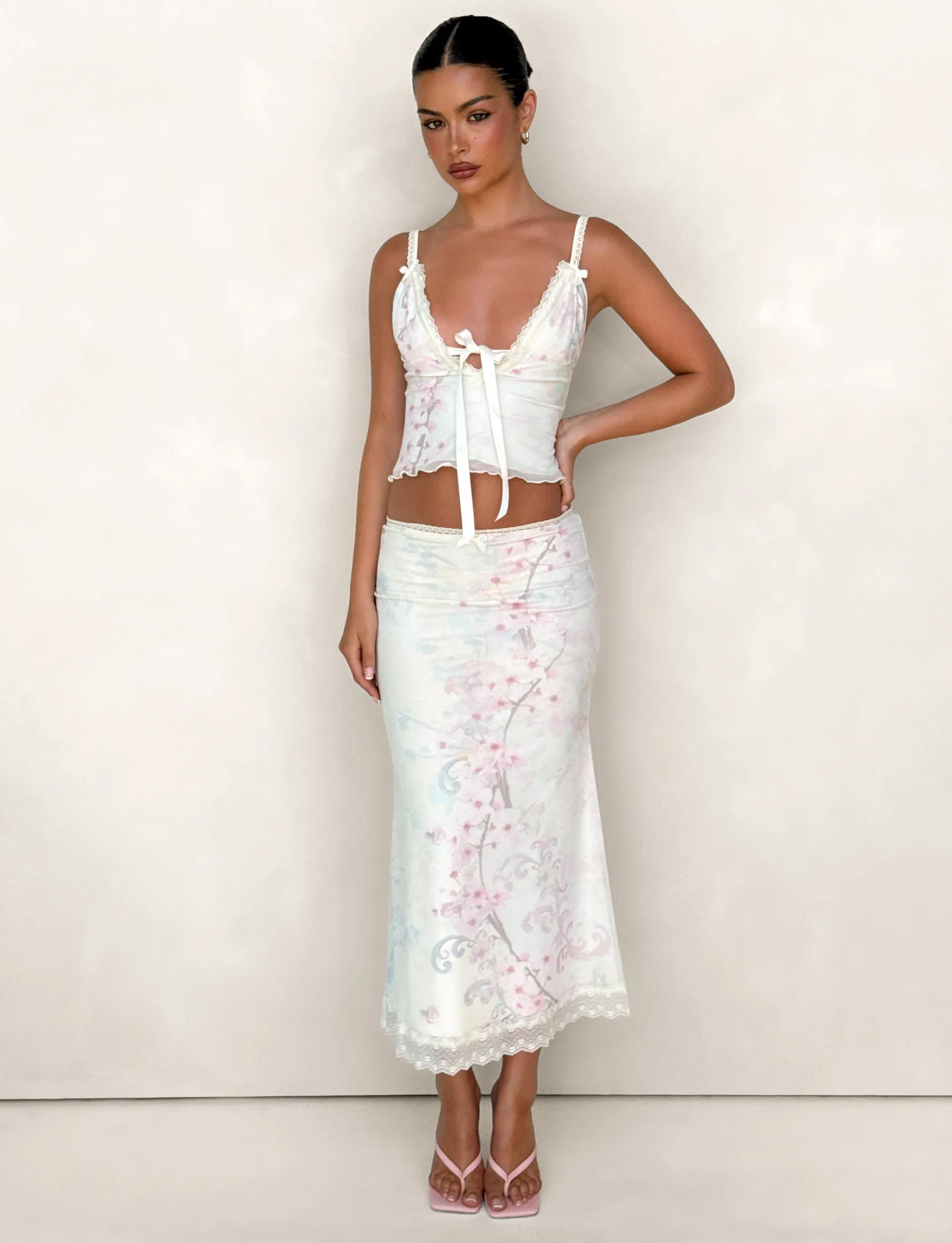 LONIE MIDI SKIRT - NEUTRAL : FLORAL : WASHED CHERRY BLOSSOM Natural Look