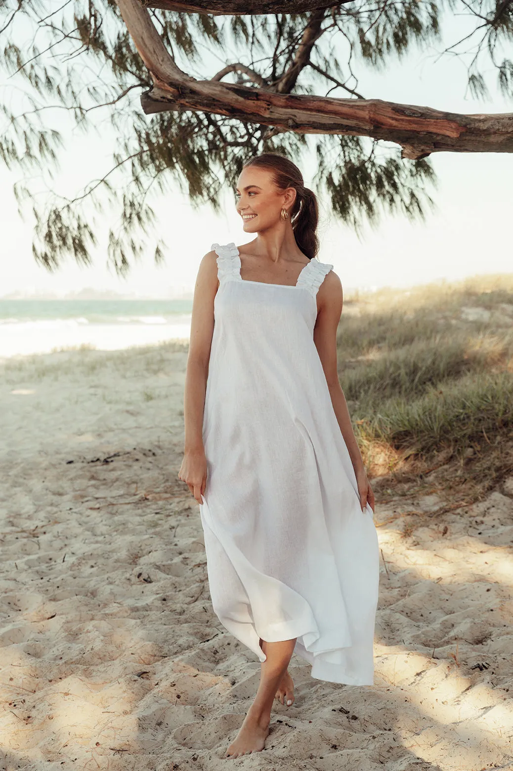 Claire Maxi Linen Dress in White Room Glow Sand Shore