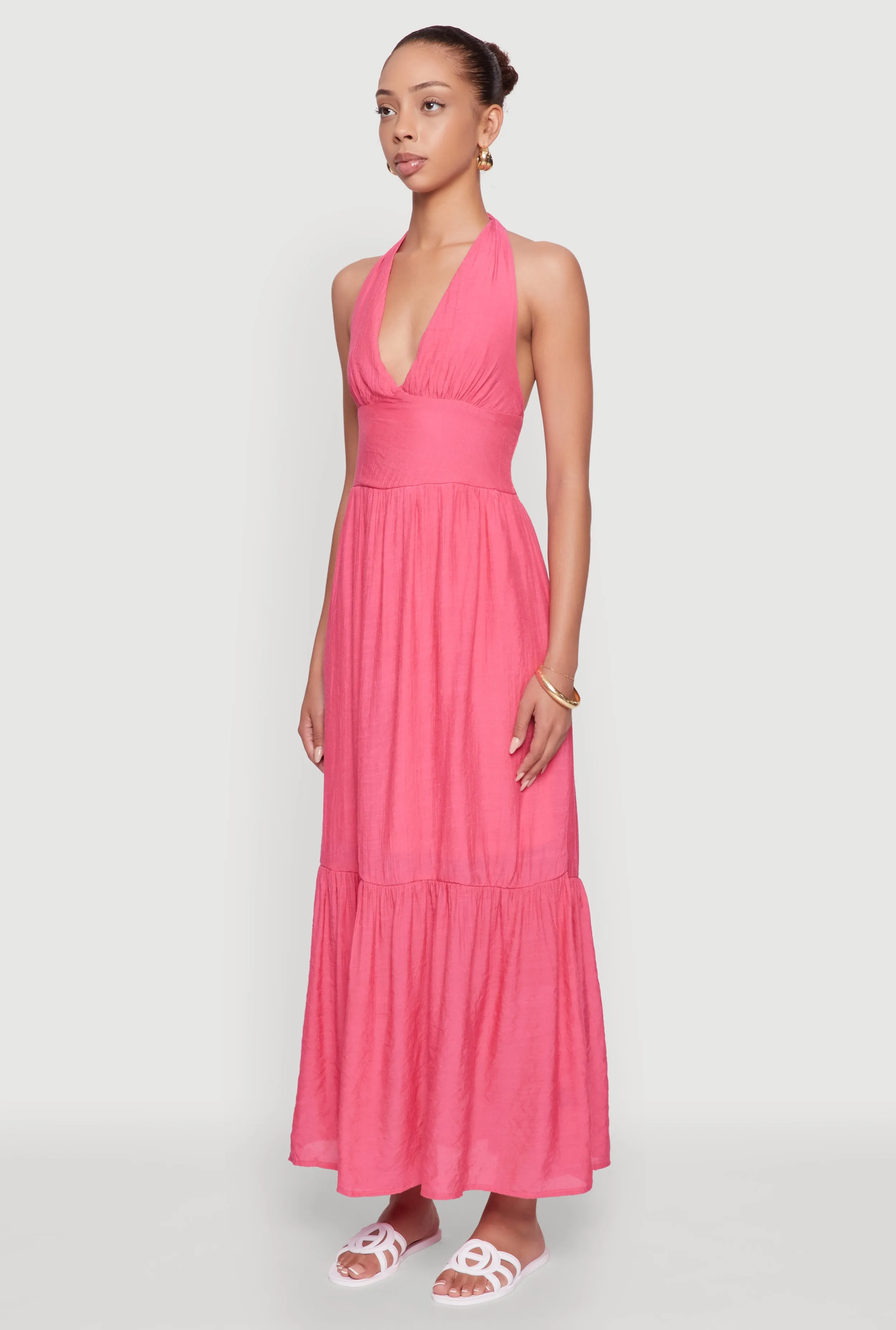 Coastal Chic Elegant Gauze Knit Halter Neck Tiered Dress