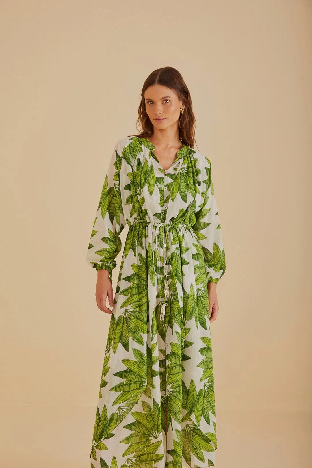 Emerald Glow Timeless Glow Off-White Palm Fan Maxi Dress