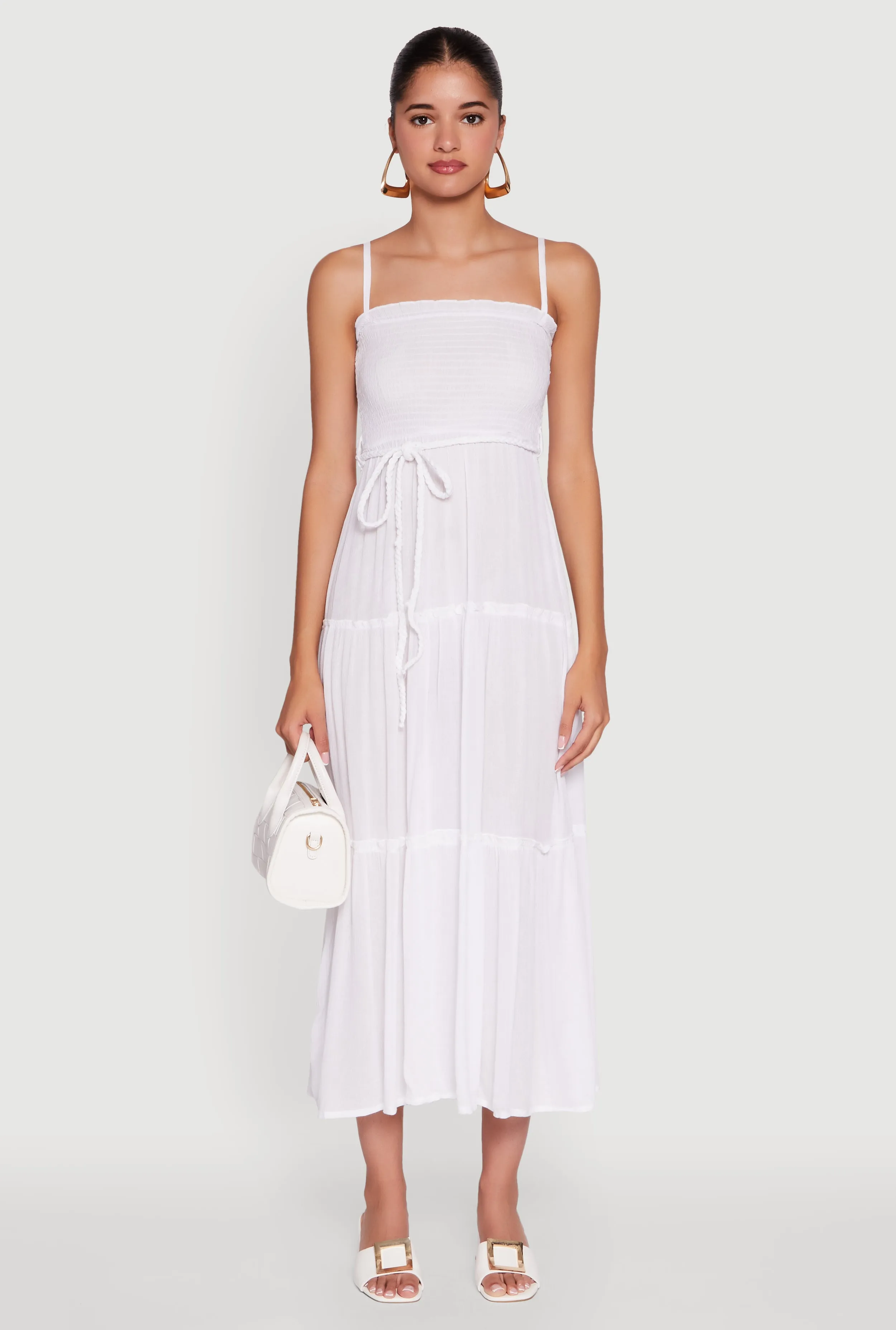 Tiered A-Line Maxi Dress with Tie Waist Belt The lightweight fabric of this dress ensures it is breathable and comfortable in any weather
