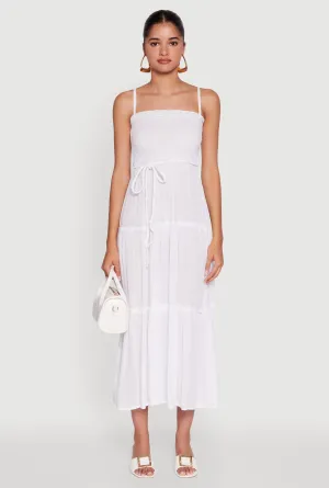 Tiered A-Line Maxi Dress with Tie Waist Belt The lightweight fabric of this dress ensures it is breathable and comfortable in any weather
