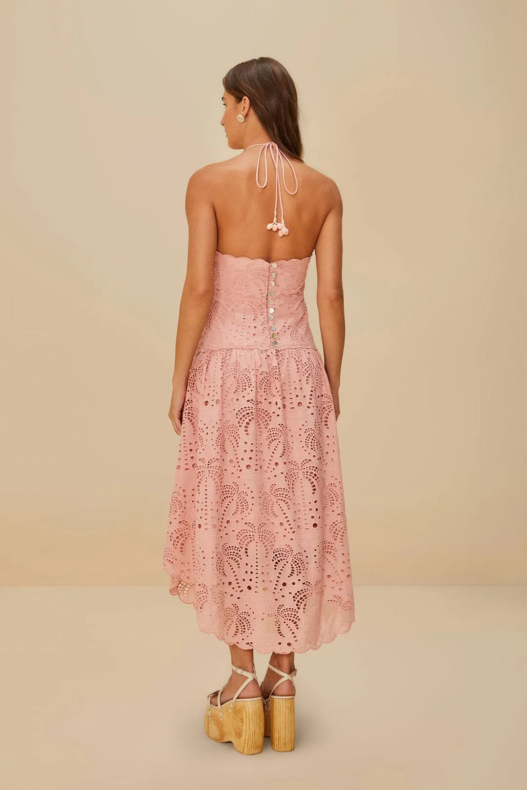 Blush Pink Palm Tree Eyelet Midi Dress Modern Wear