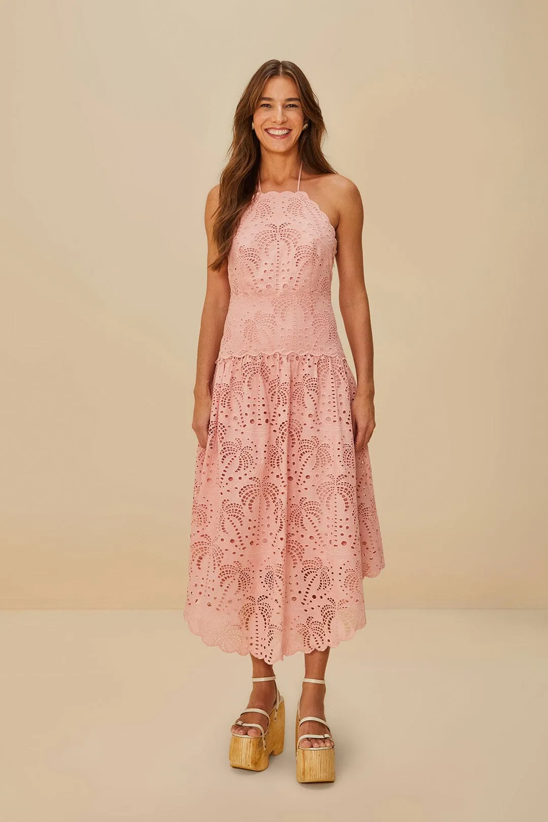 Forest trail Heat Wave Blush Pink Palm Tree Eyelet Midi Dress