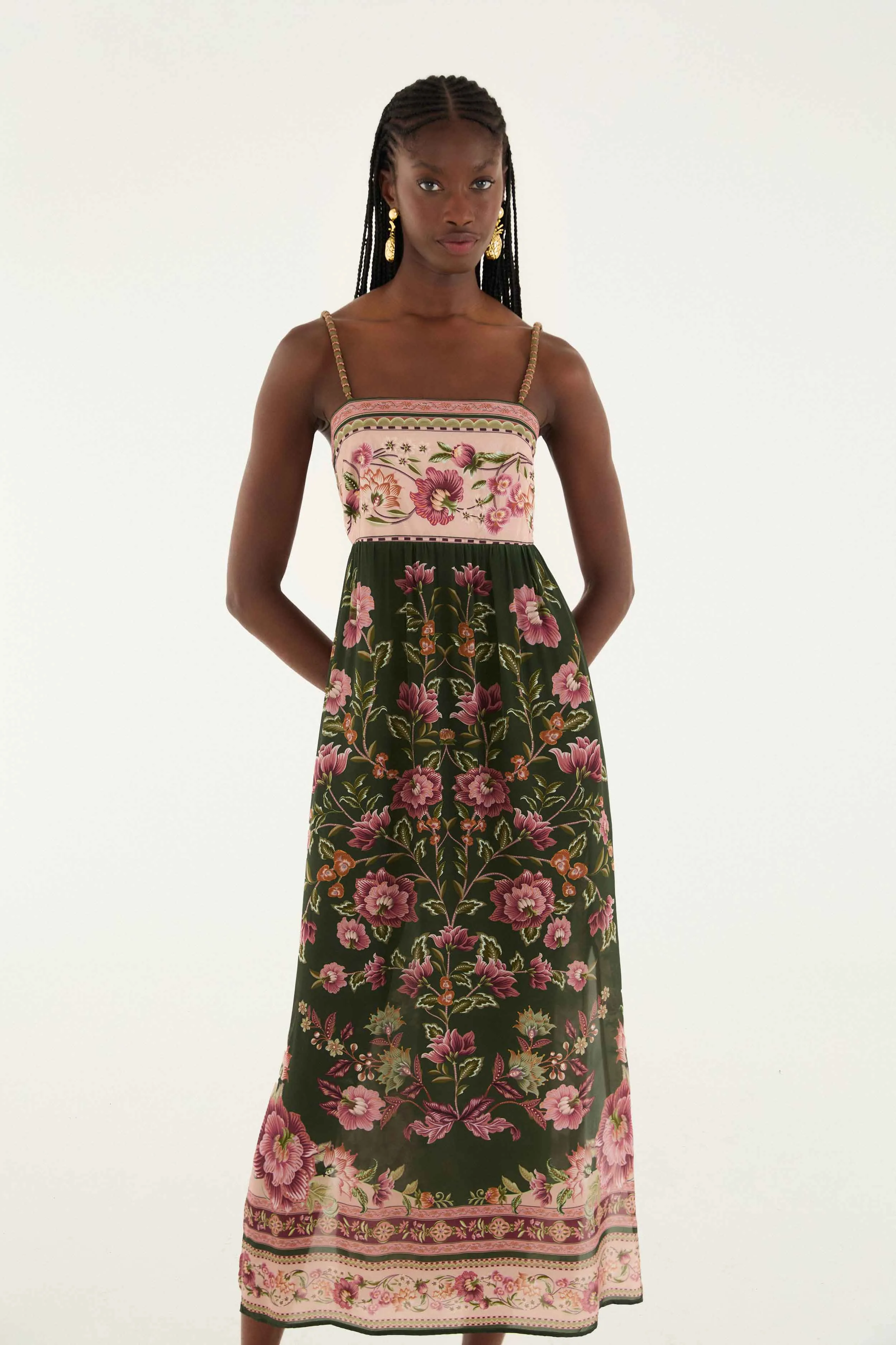 Daily Glam Green Flowering Garden Tree Sleveeless Midi Dress