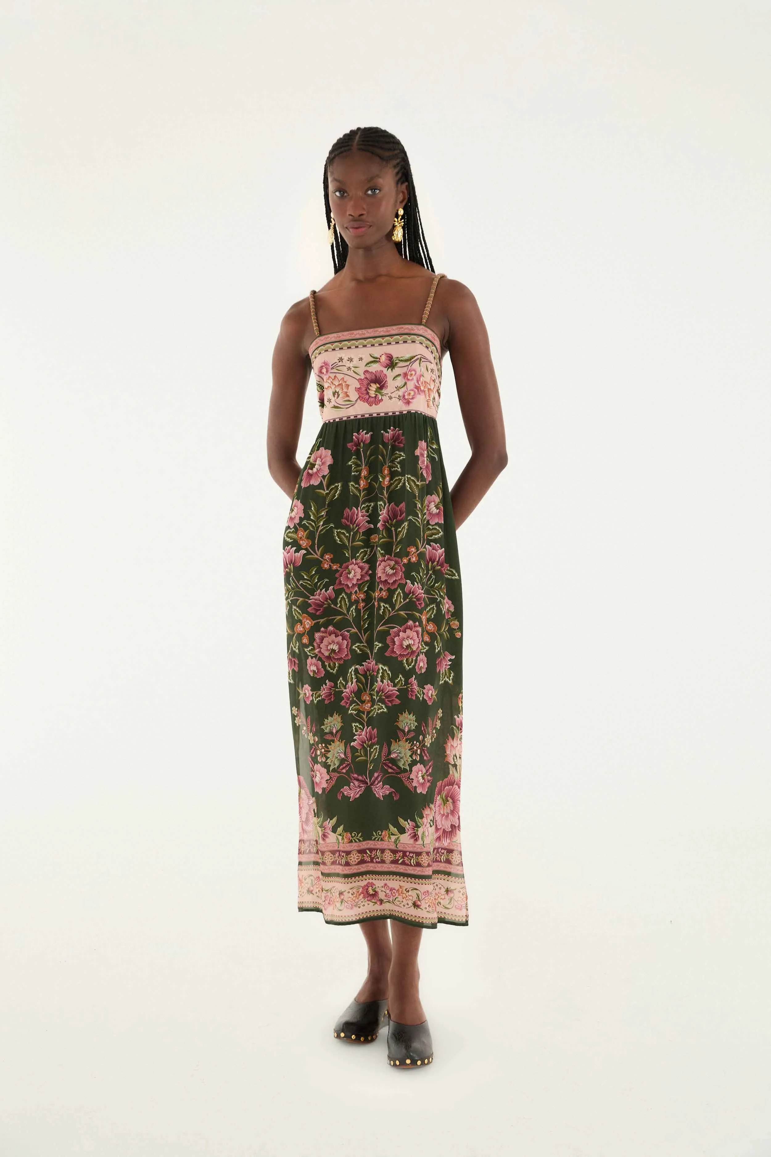 Green Flowering Garden Tree Sleveeless Midi Dress Elegant Attire