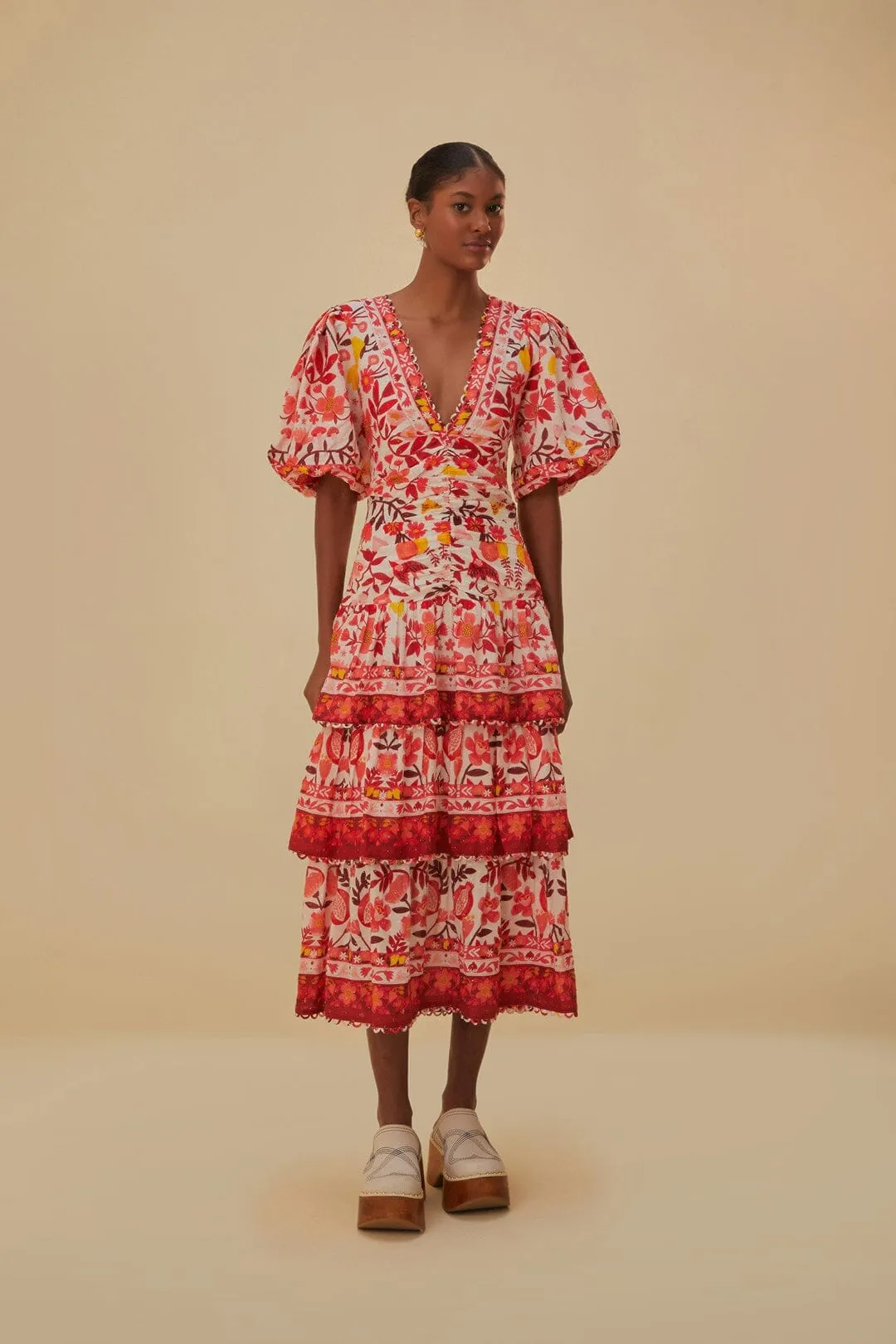 Casual Elegance Off-White Romantic Orchard Short Sleeve Midi Dress