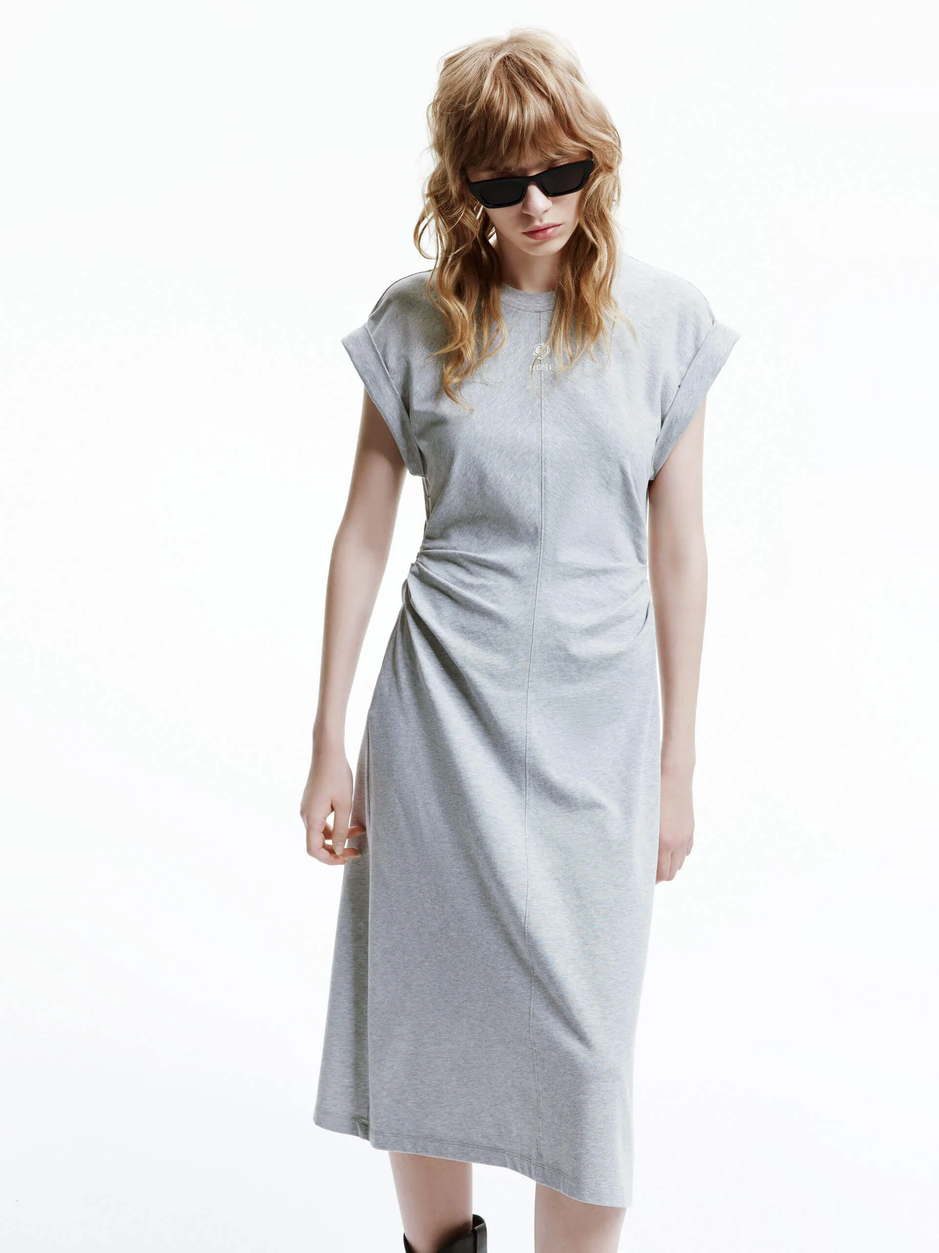 Chic Style All-day wear midi Side Pleated Cotton Dress