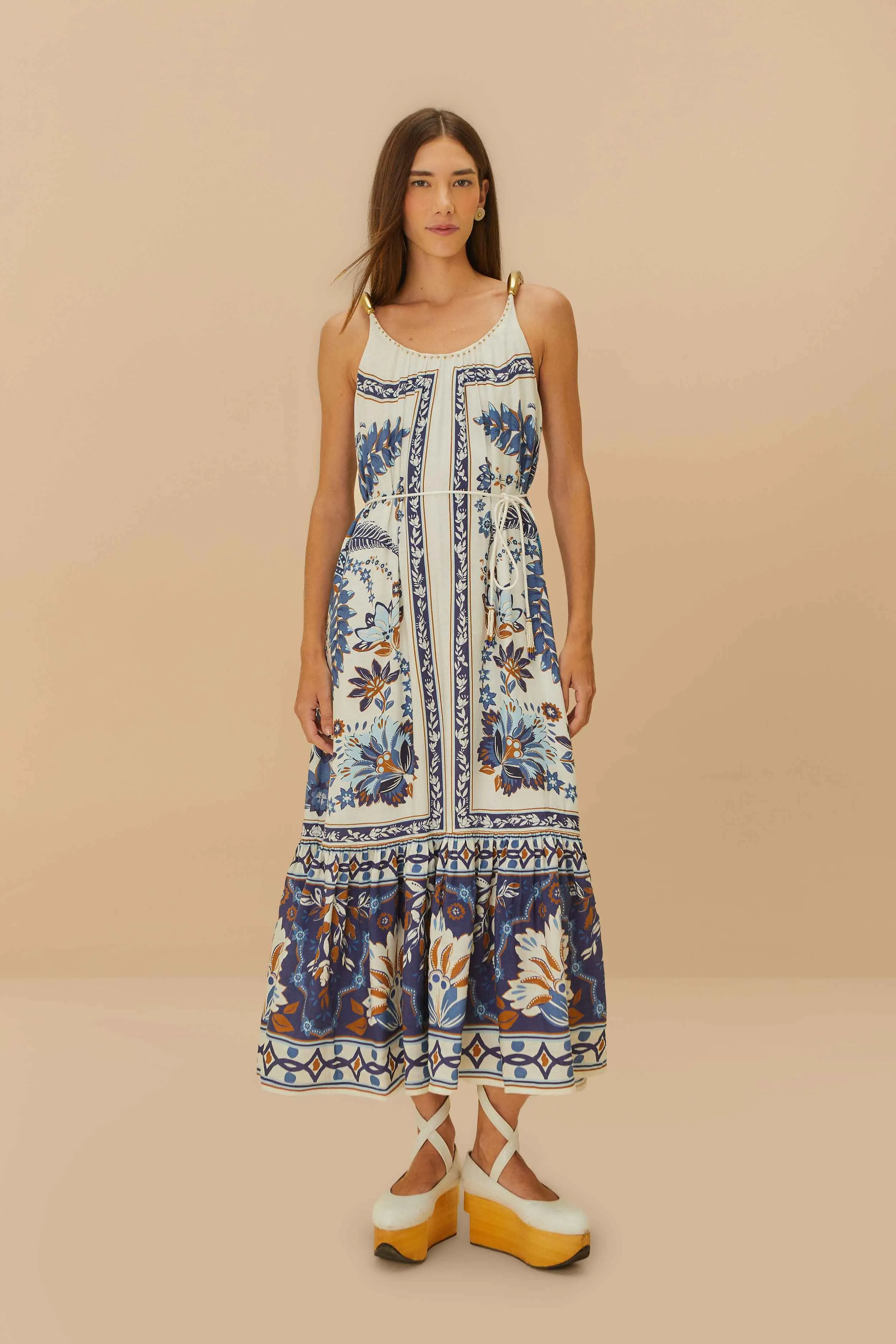 Village Path Off-White Ana Tapestry Fish Strap Maxi Dress