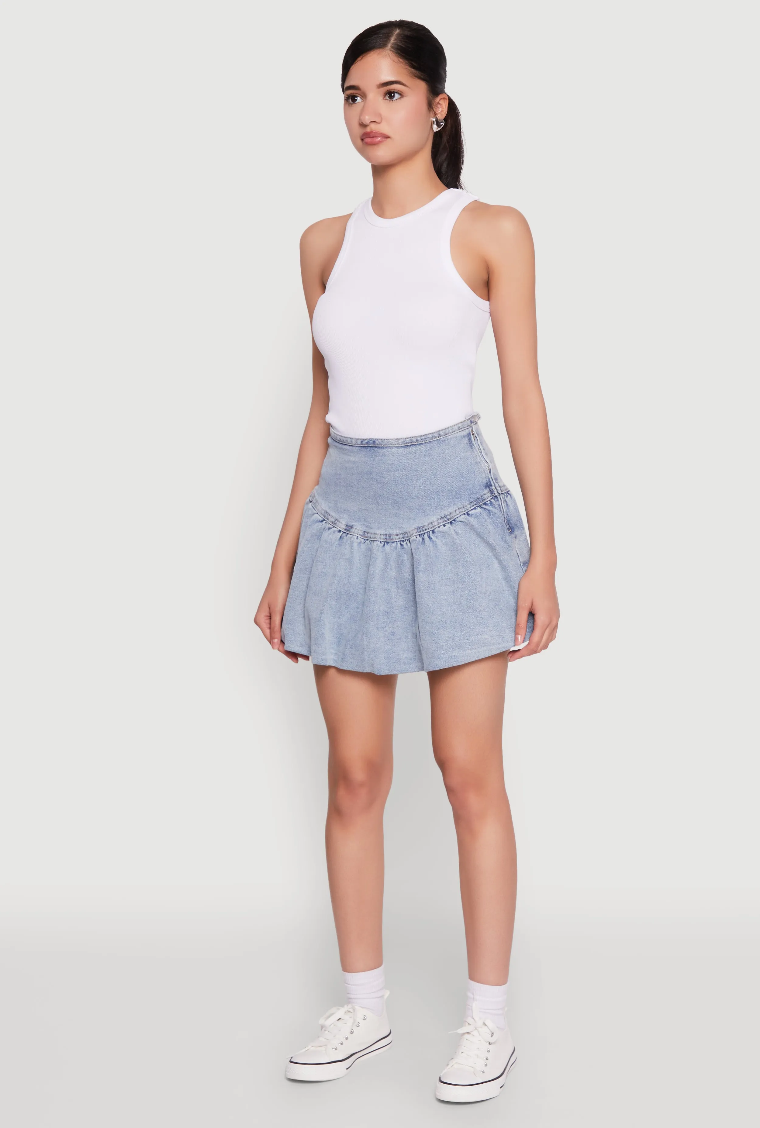 Almost Famous Denim High Waist Bubble Mini Skirt Bold Print Convertible Style