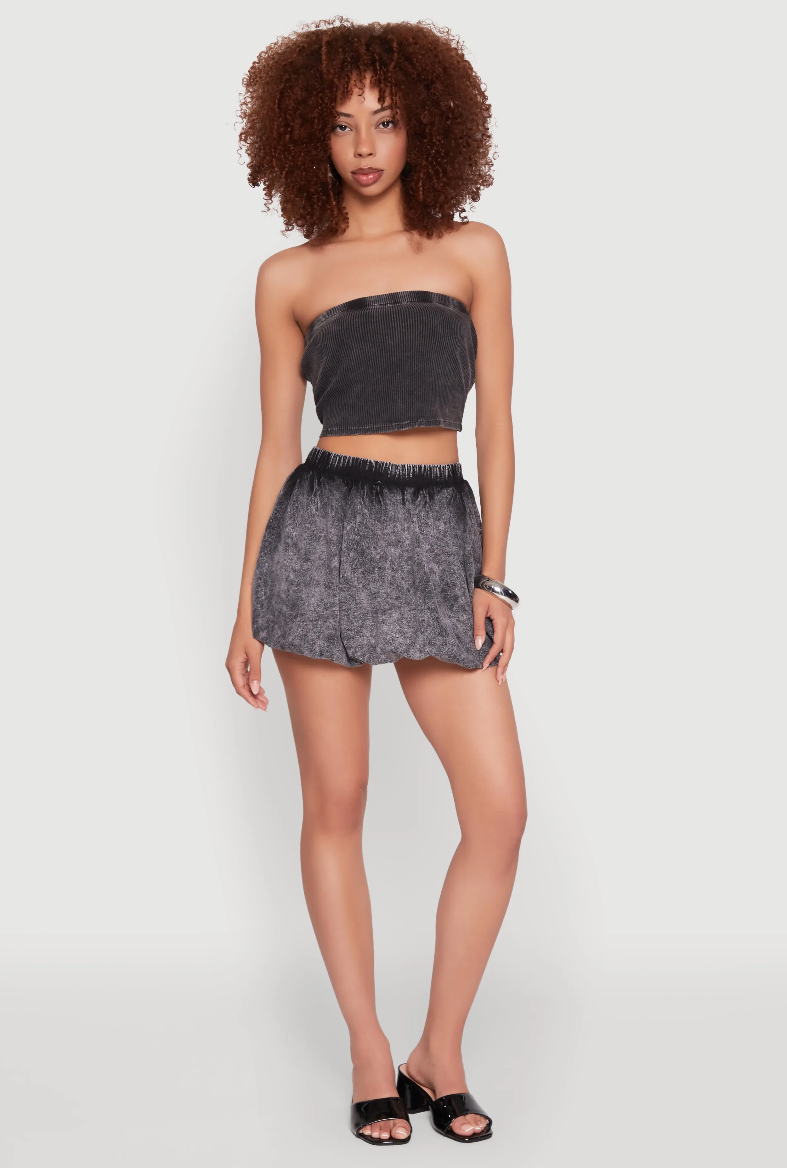 Simple Comfort Trendy Outfit Mineral Wash Bubble Mini Skirt