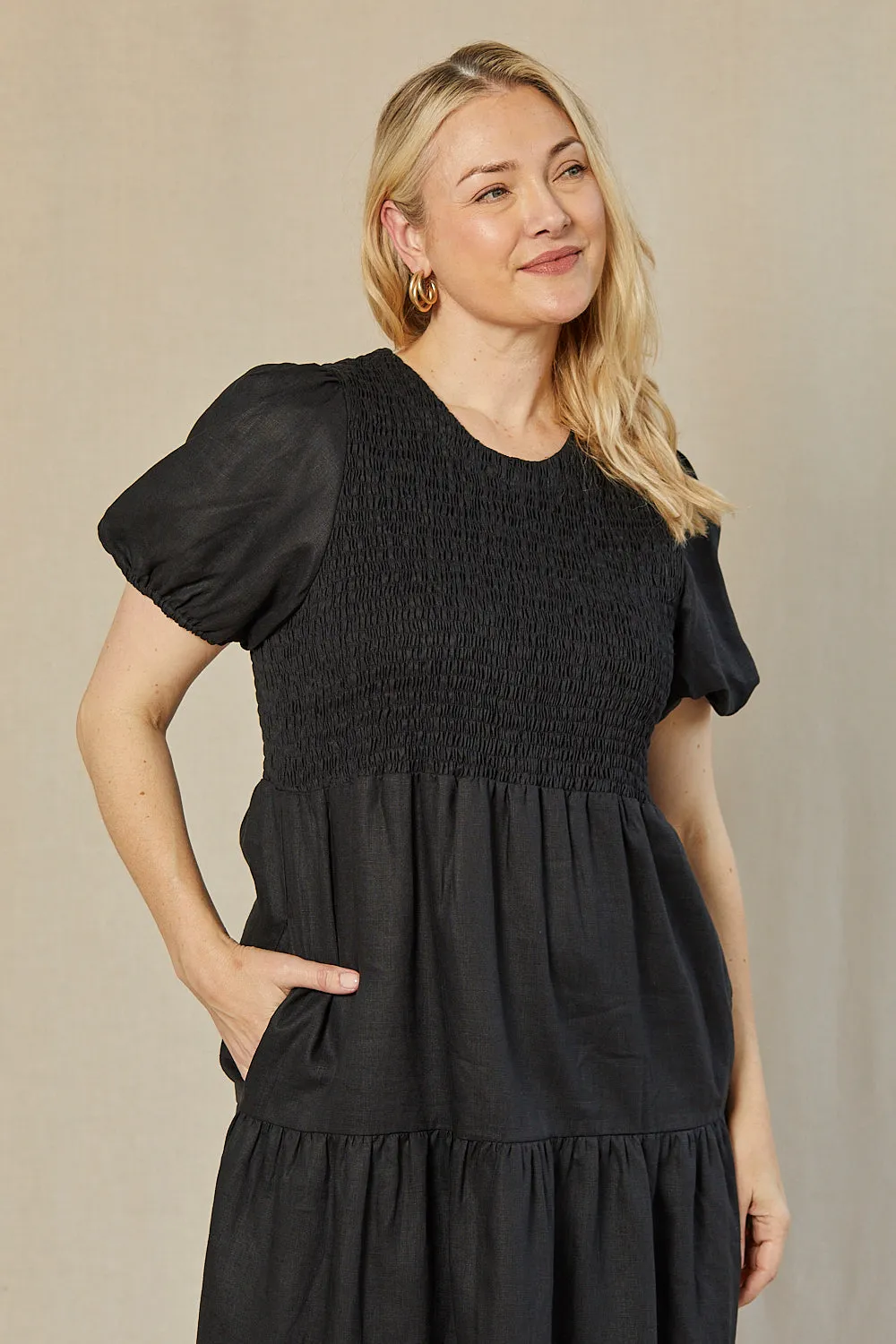 Minden Linen Shirred Short Sleeve Dress in Black Blue Sky Ribbon Work