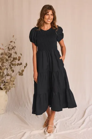 Wheat Field Minden Linen Shirred Short Sleeve Dress in Black