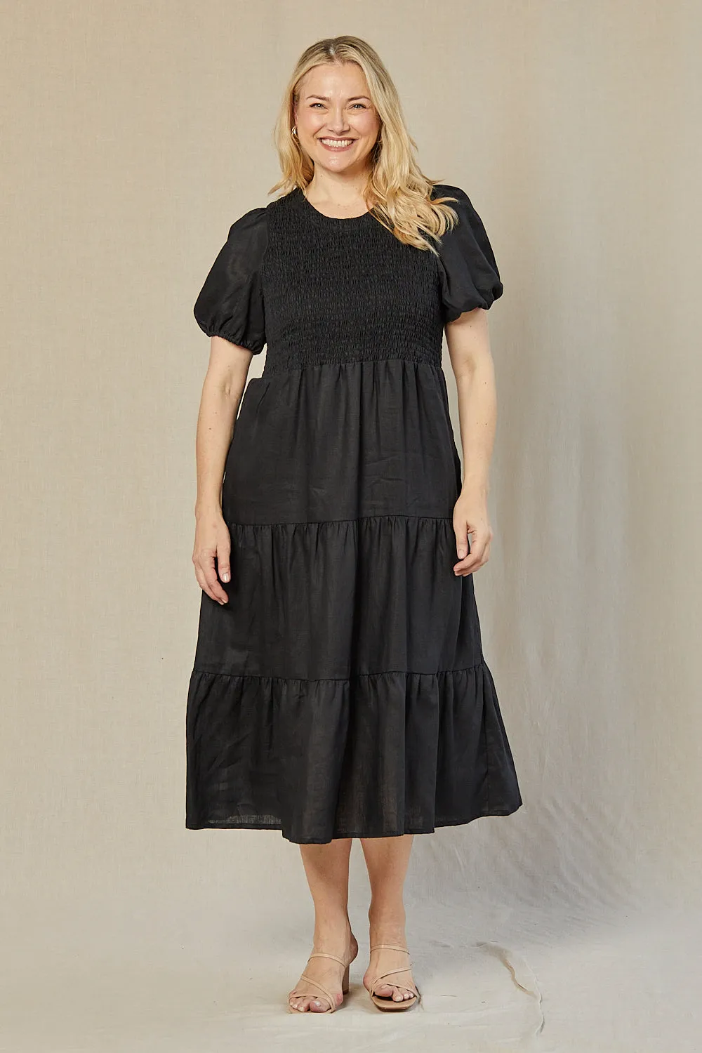 Minden Linen Shirred Short Sleeve Dress in Black Boardwalk Mood casual beachwear