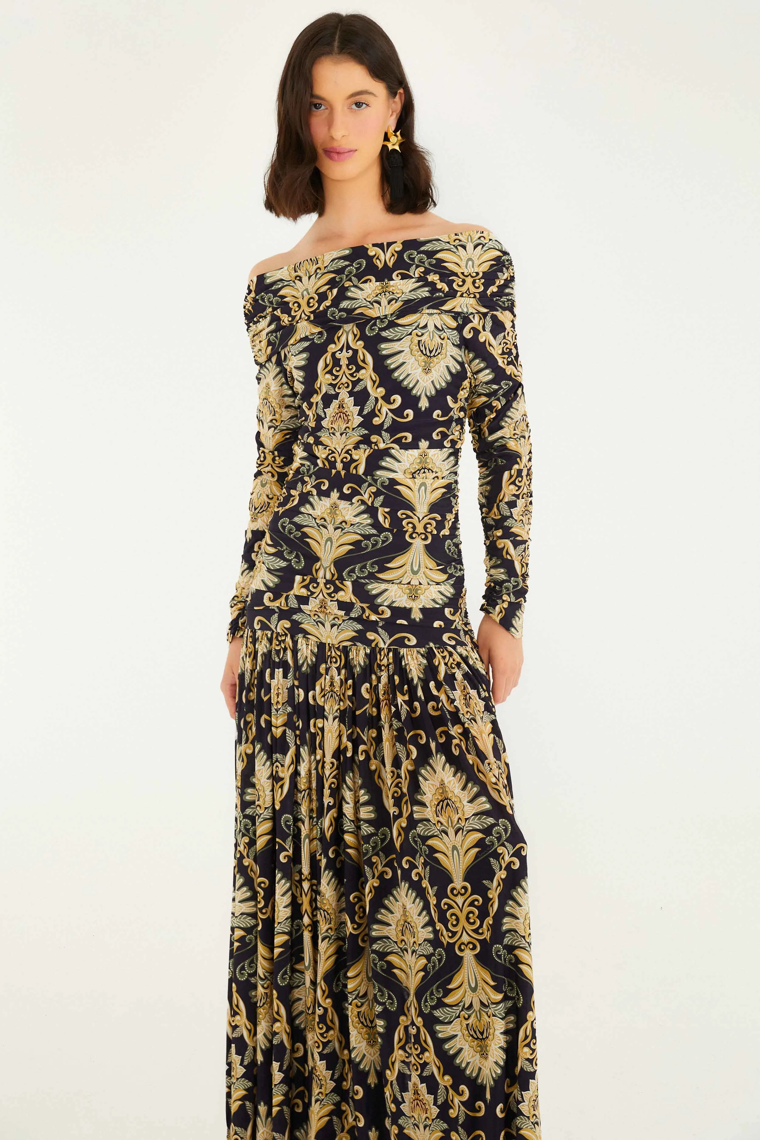 Crepe Glow old town Navy Blue Wonderful Arabesque Off-Shoulder Maxi Dress