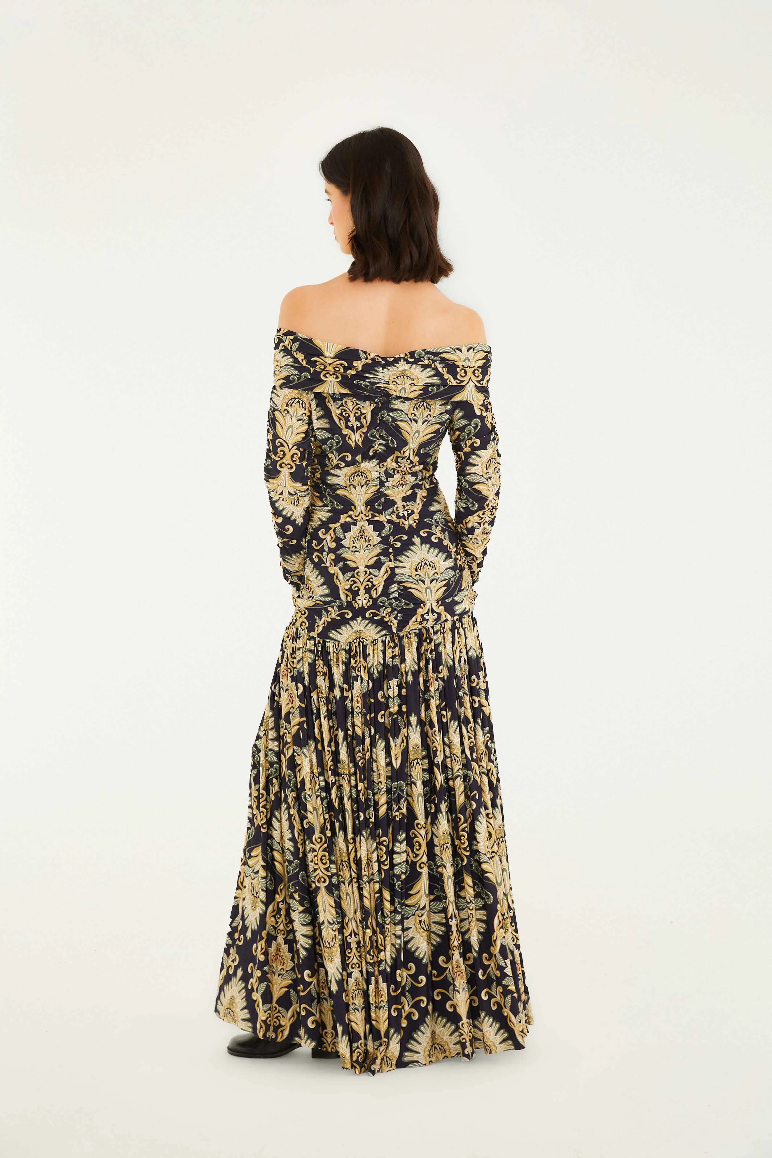 Navy Blue Wonderful Arabesque Off-Shoulder Maxi Dress Vibrant colored maxi
