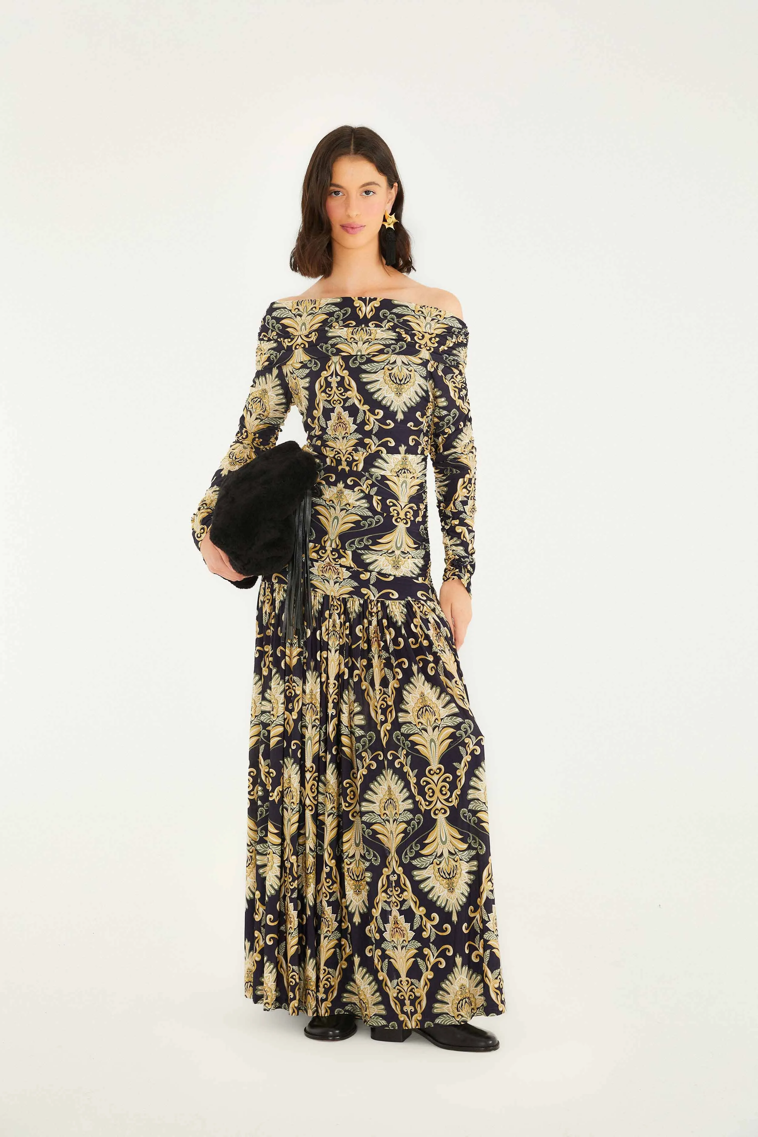 Navy Blue Wonderful Arabesque Off-Shoulder Maxi Dress Soft draping maxi