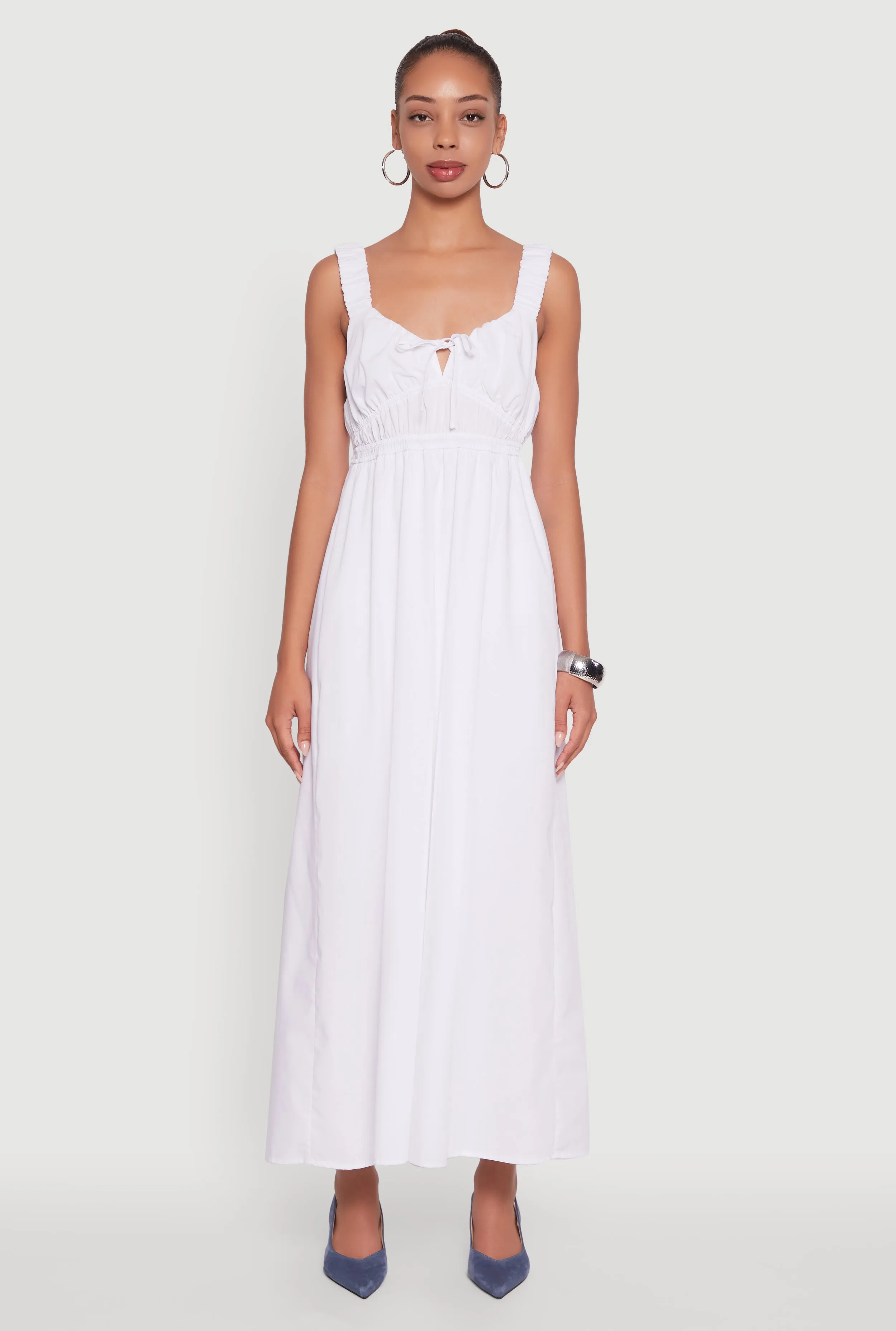 Poplin Sleeveless Scoop Neck Tie Front Maxi Dress Winter Light Nickel Glow