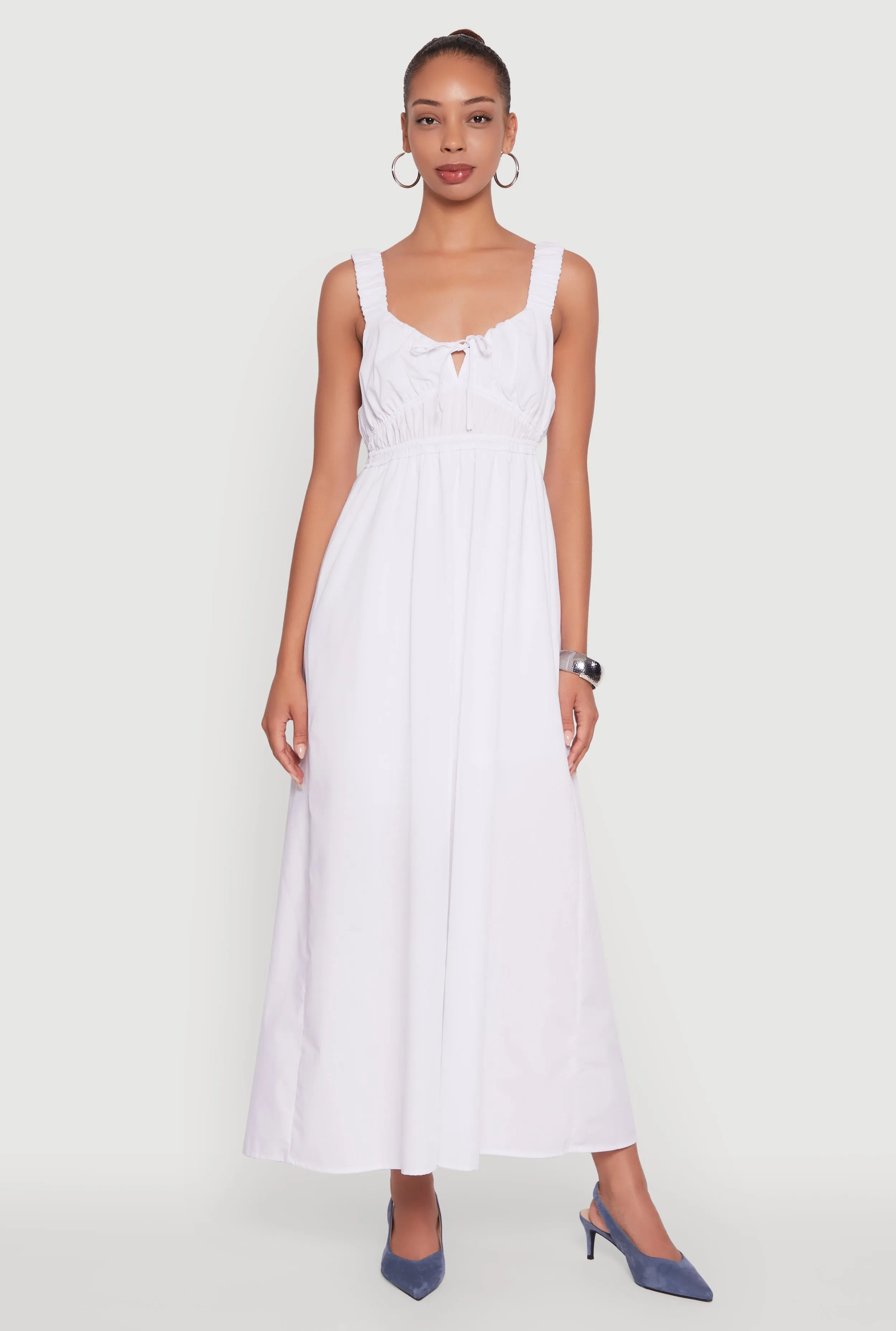 Perfect for warmer months this dress provides a light and breezy fit without sacrificing style Feather Soft Poplin Sleeveless Scoop Neck Tie Front Maxi Dress