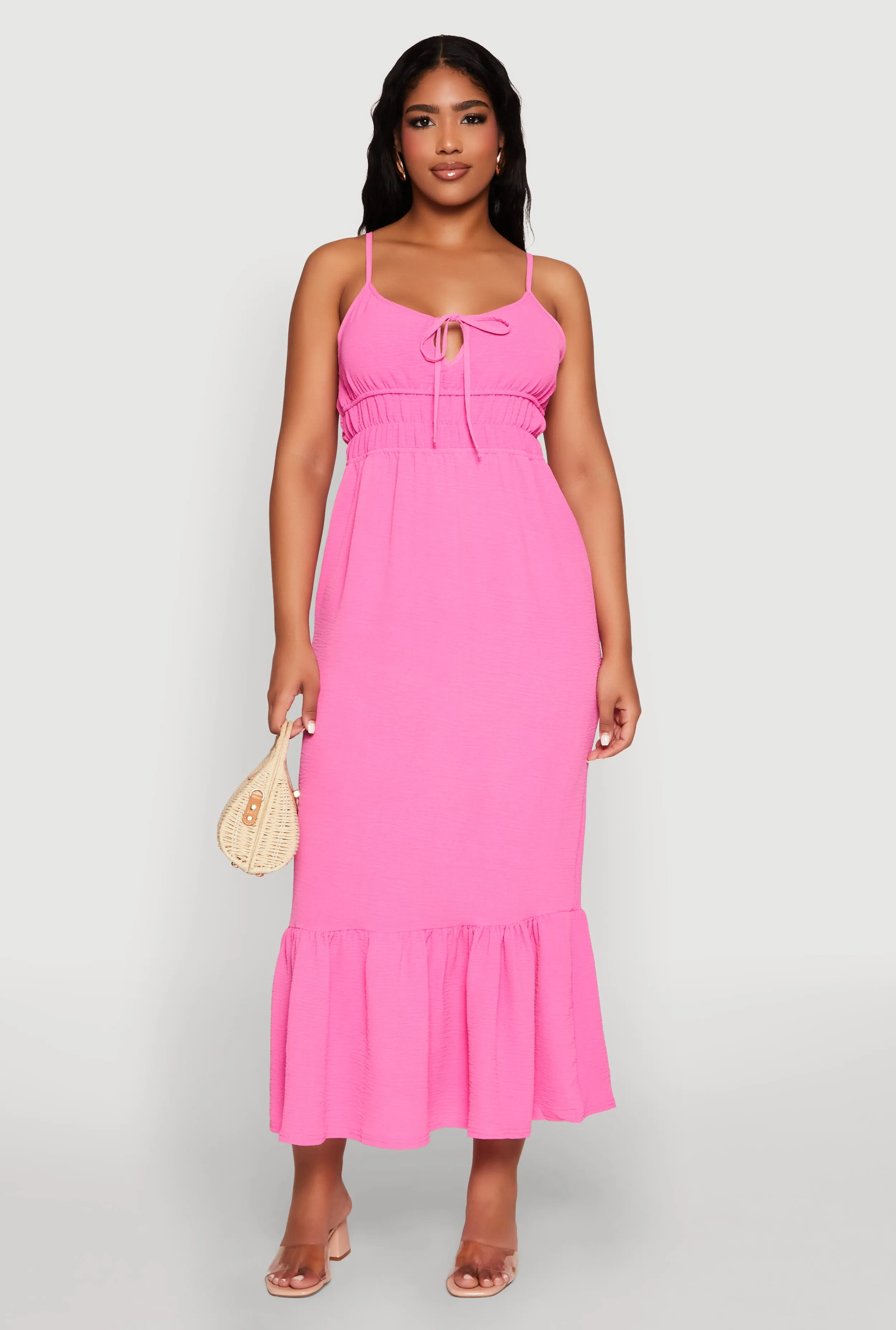 Tie Front Keyhole Flounce Hem Maxi Dress Sequin Glow