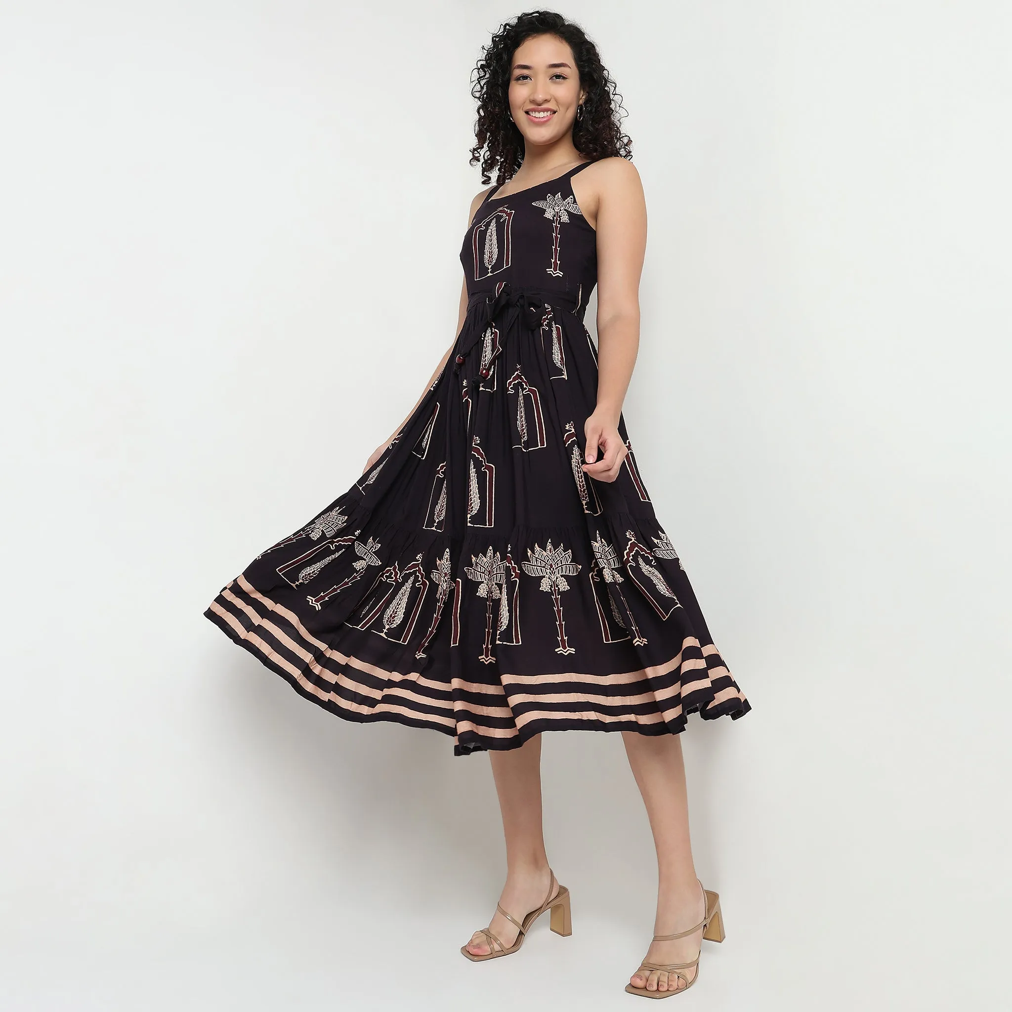 HighNeckStyle Smooth Line Printed Strappy Tiered Dress