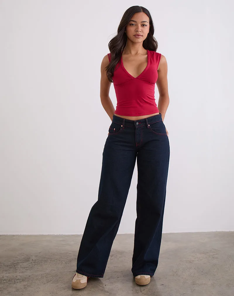 Low Rise Roomy Jeans in Indigo with Red Stitch Seamless transition