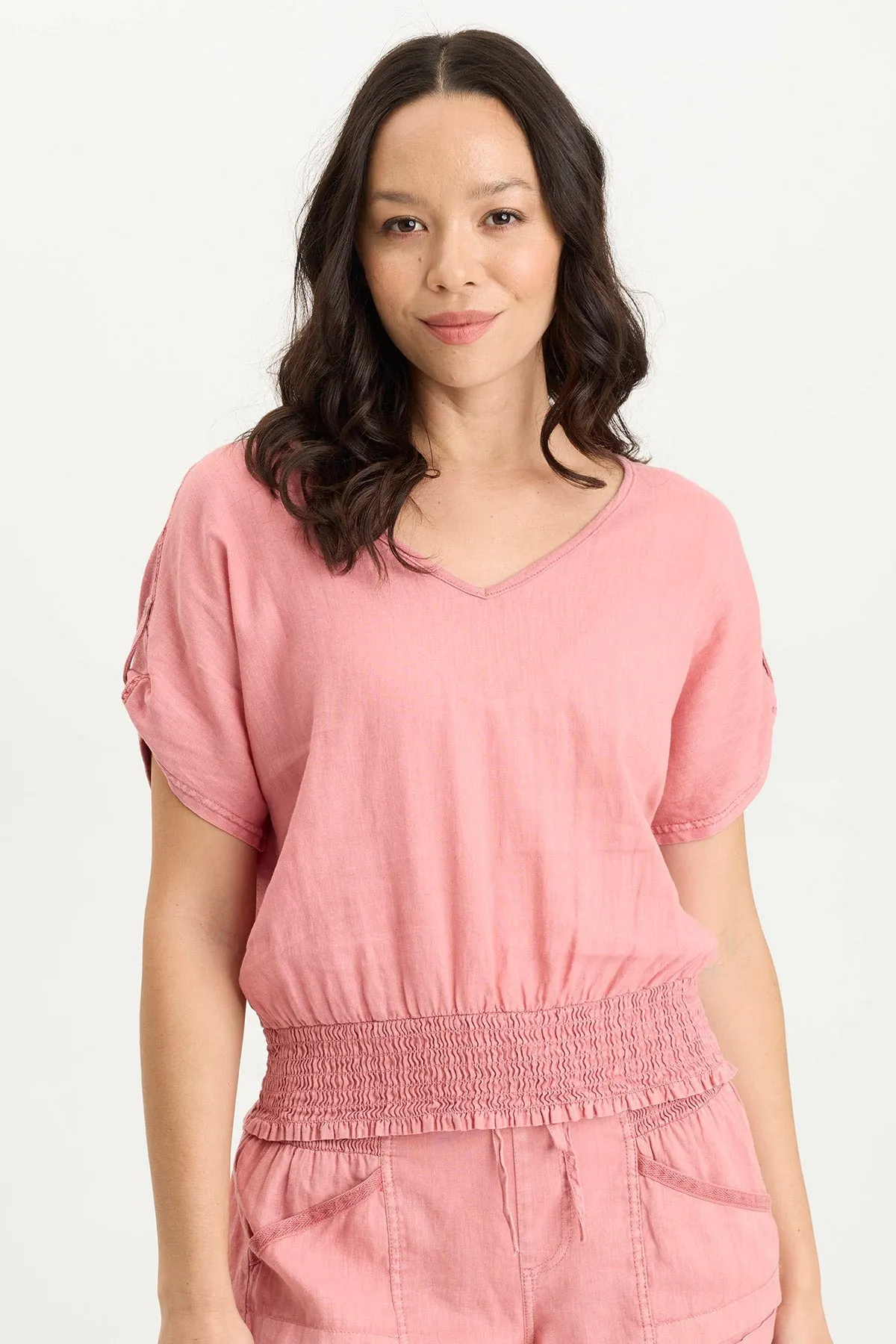 Oko Linen/Jersey Cinched Hem Top MultiPanelDesign