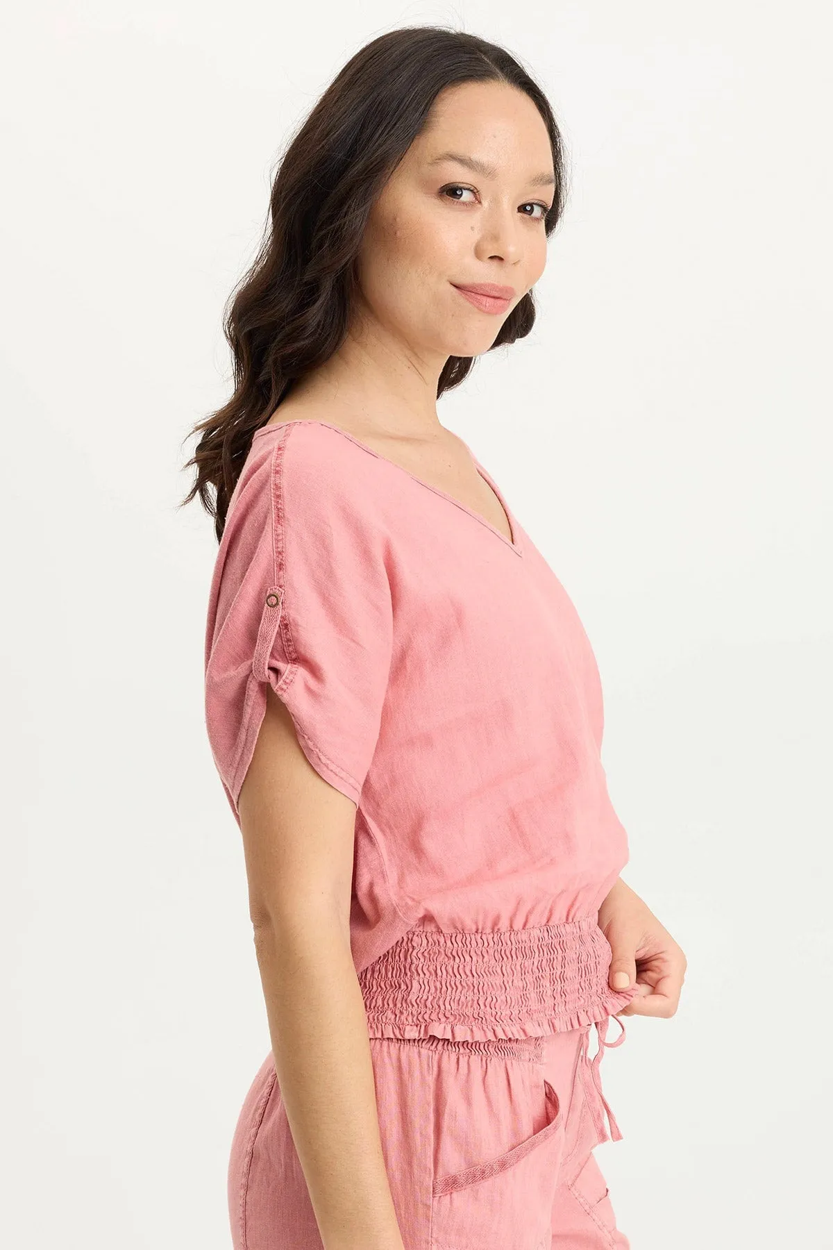 AntimicrobialCoating Oko Linen/Jersey Cinched Hem Top