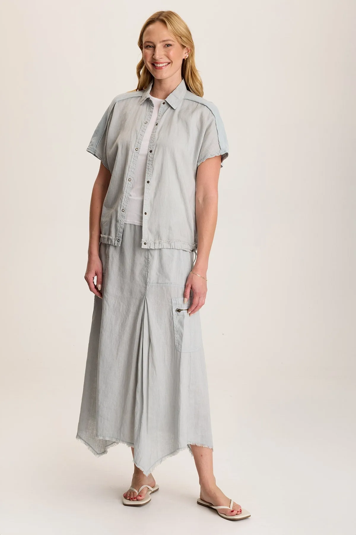Inola Linen Cinched Button-Up Top Seamless Sleeve Construction