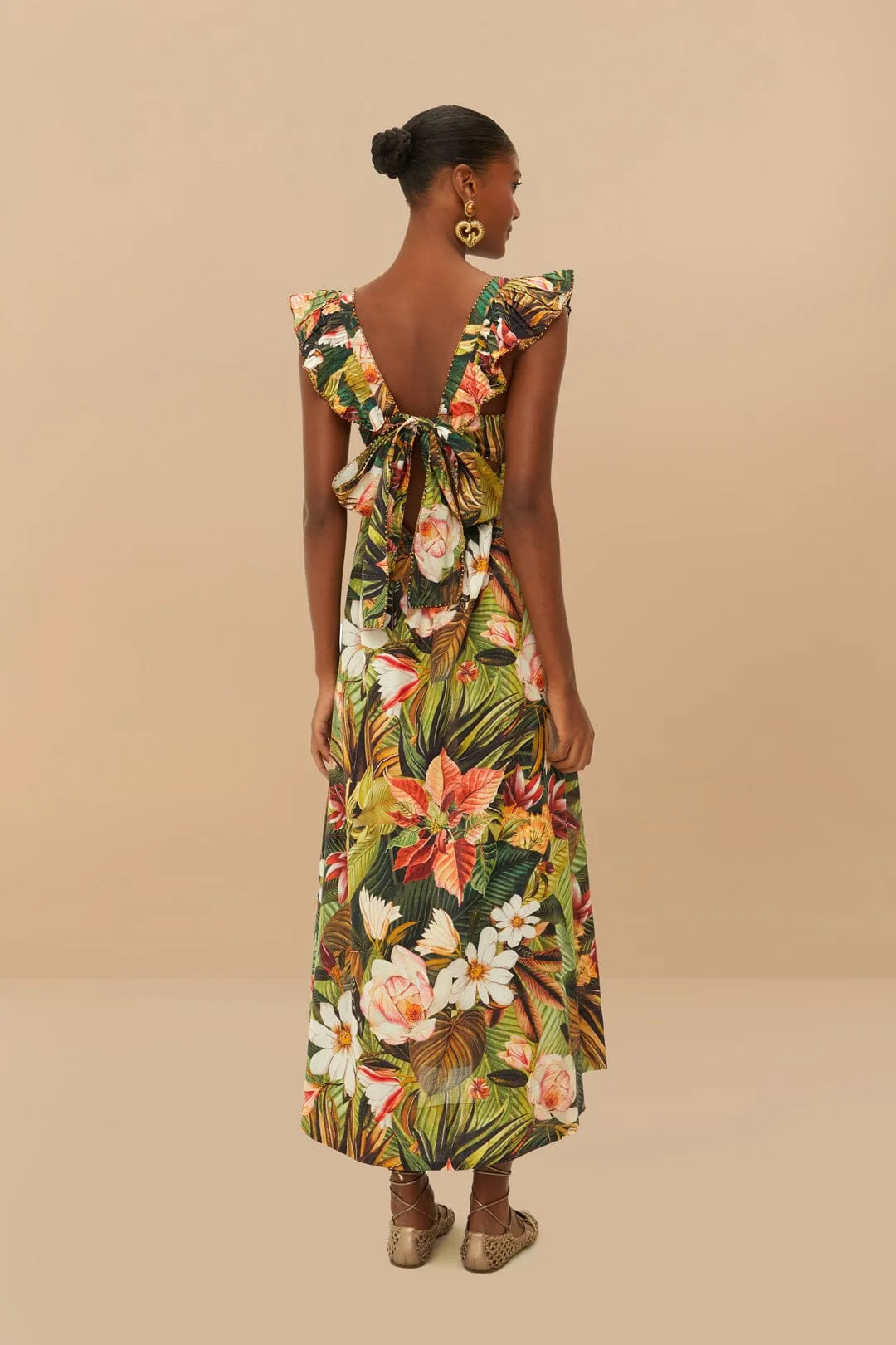 Botanical Forest Multicolor Scoop Neck Ruffled Strap Maxi Dress Coastal Chic Coral Glow