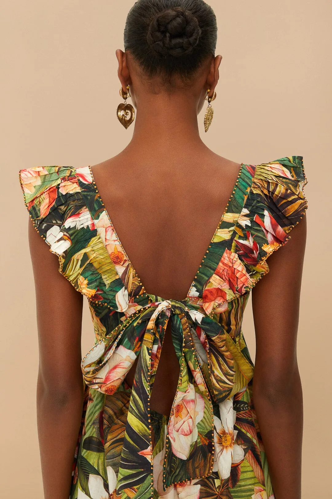 Hall Glow Botanical Forest Multicolor Scoop Neck Ruffled Strap Maxi Dress
