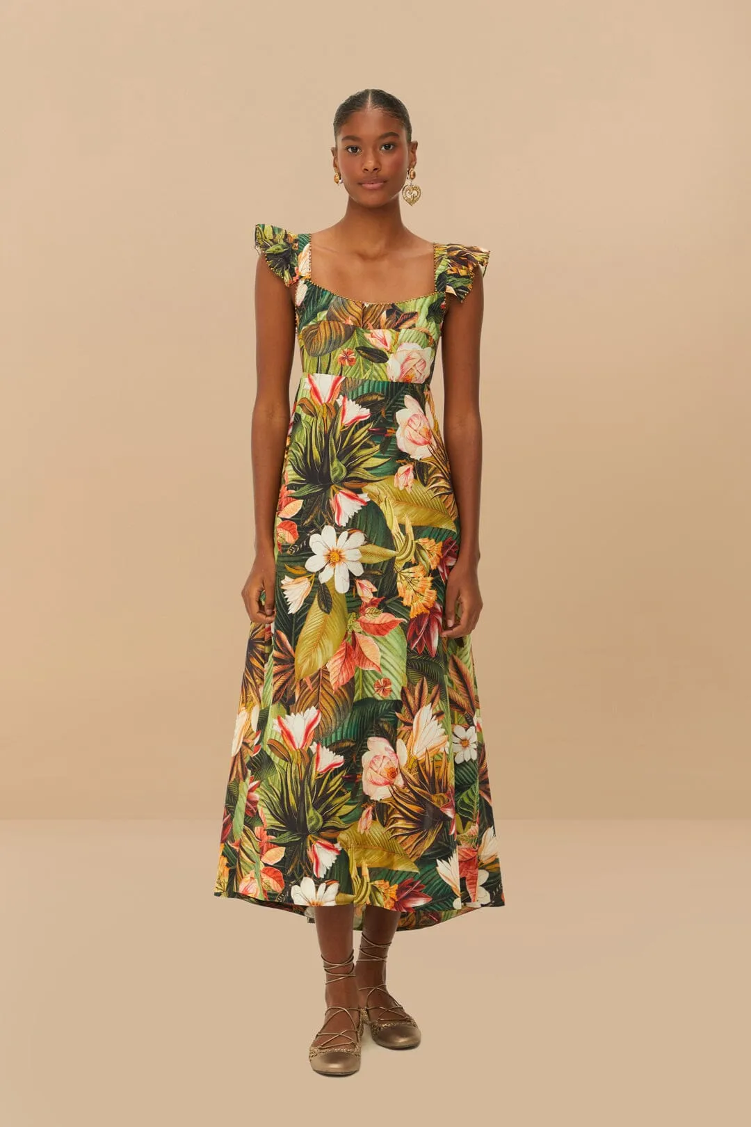 Stair Glow The easy-to-wear design of this maxi dress ensures that you can style it effortlessly Botanical Forest Multicolor Scoop Neck Ruffled Strap Maxi Dress