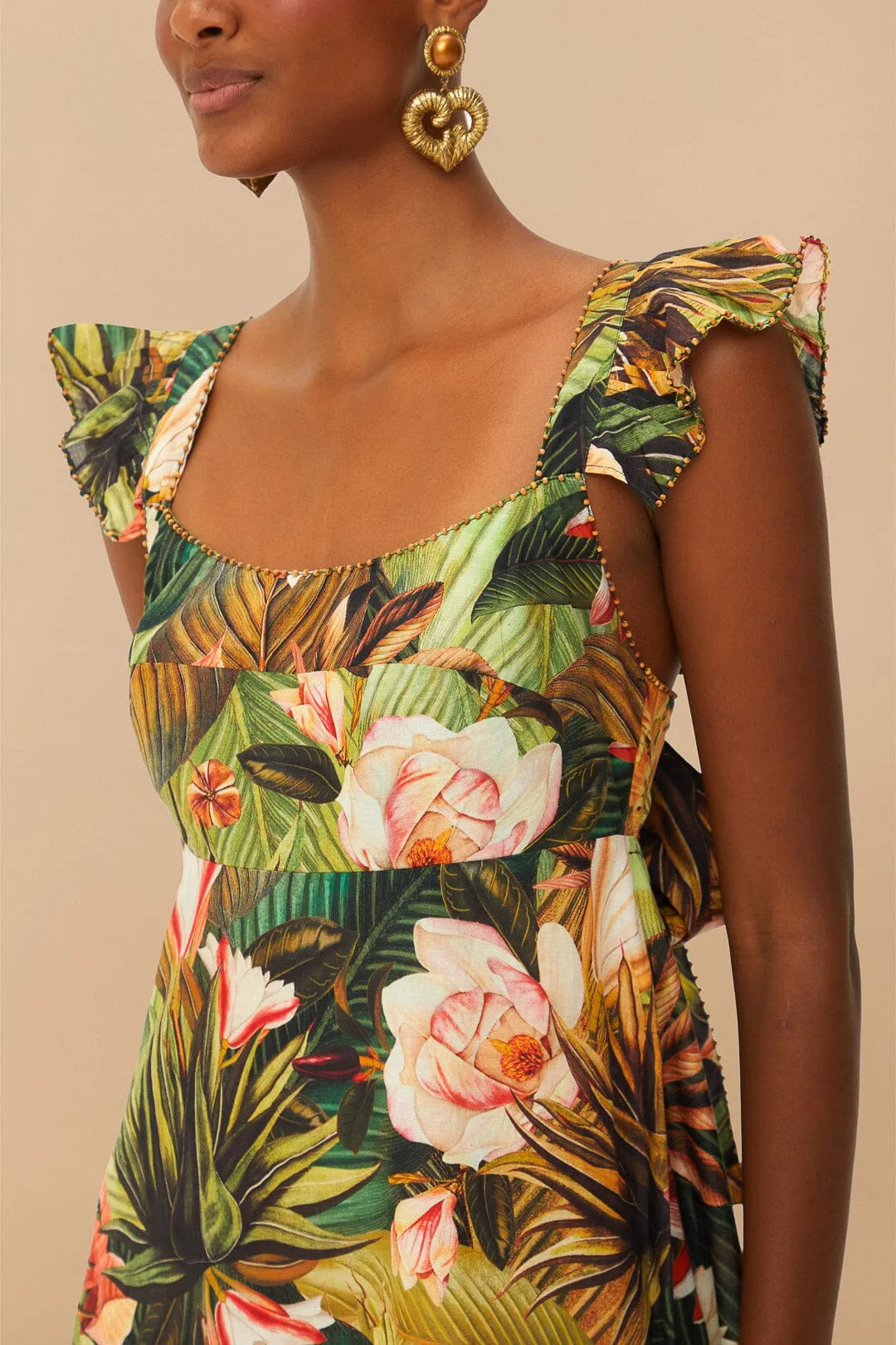 Fold Art This maxi dress is designed to be worn season after season due to its timeless appeal Botanical Forest Multicolor Scoop Neck Ruffled Strap Maxi Dress