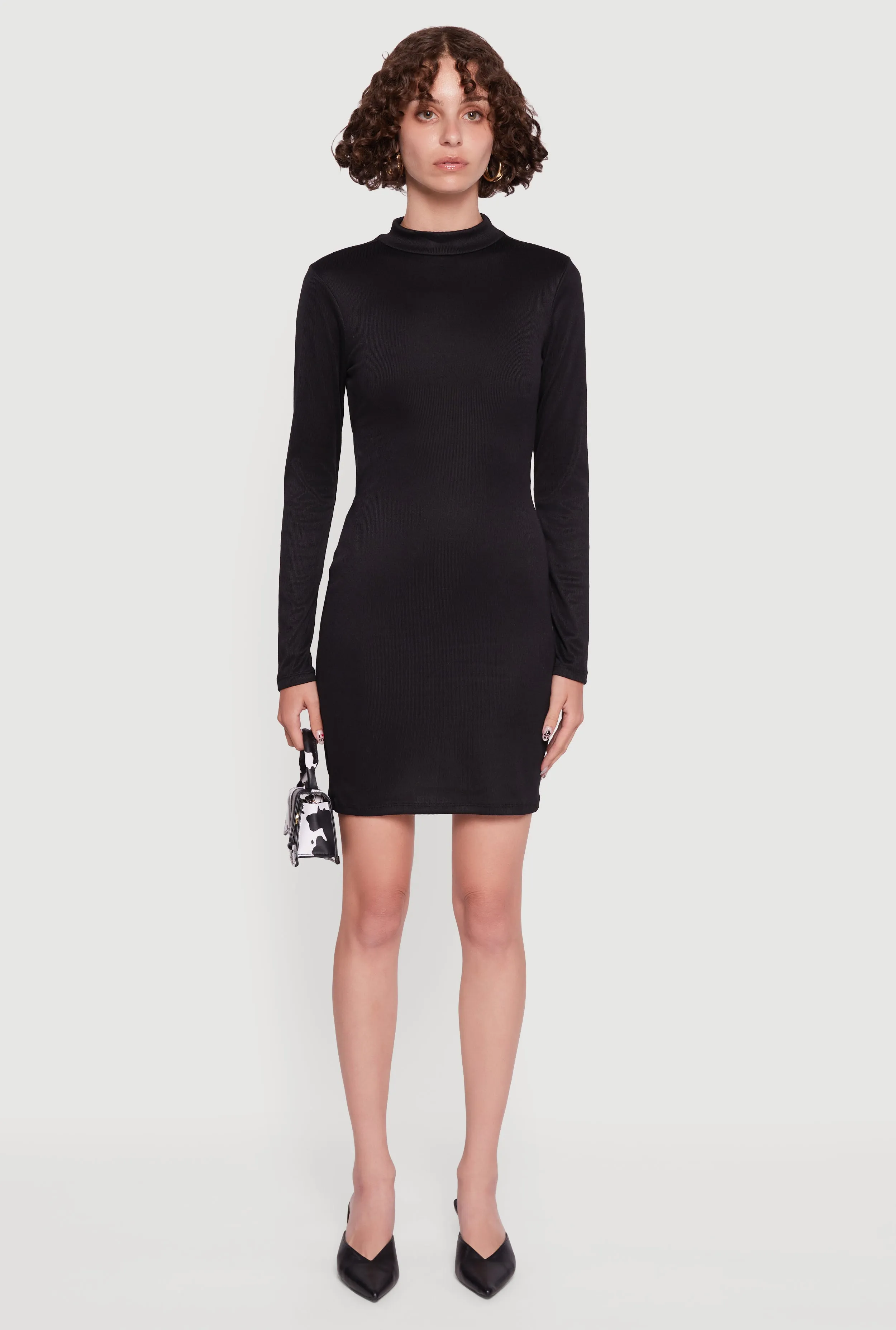 Ribbed Knit Open Tie Back Long Sleeve Mock Neck Mini Dress Chic Design