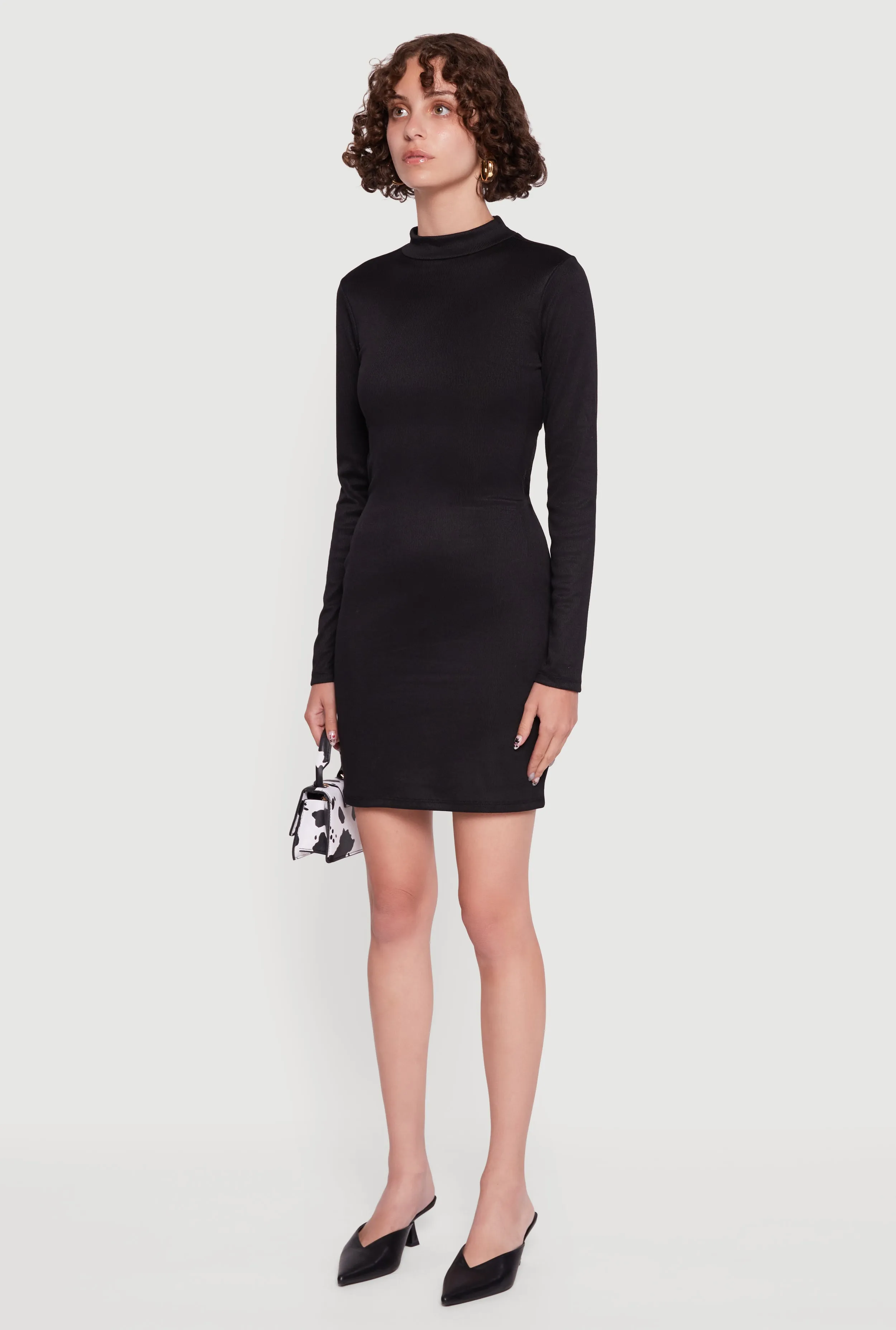 Ribbed Knit Open Tie Back Long Sleeve Mock Neck Mini Dress A Line Silhouette