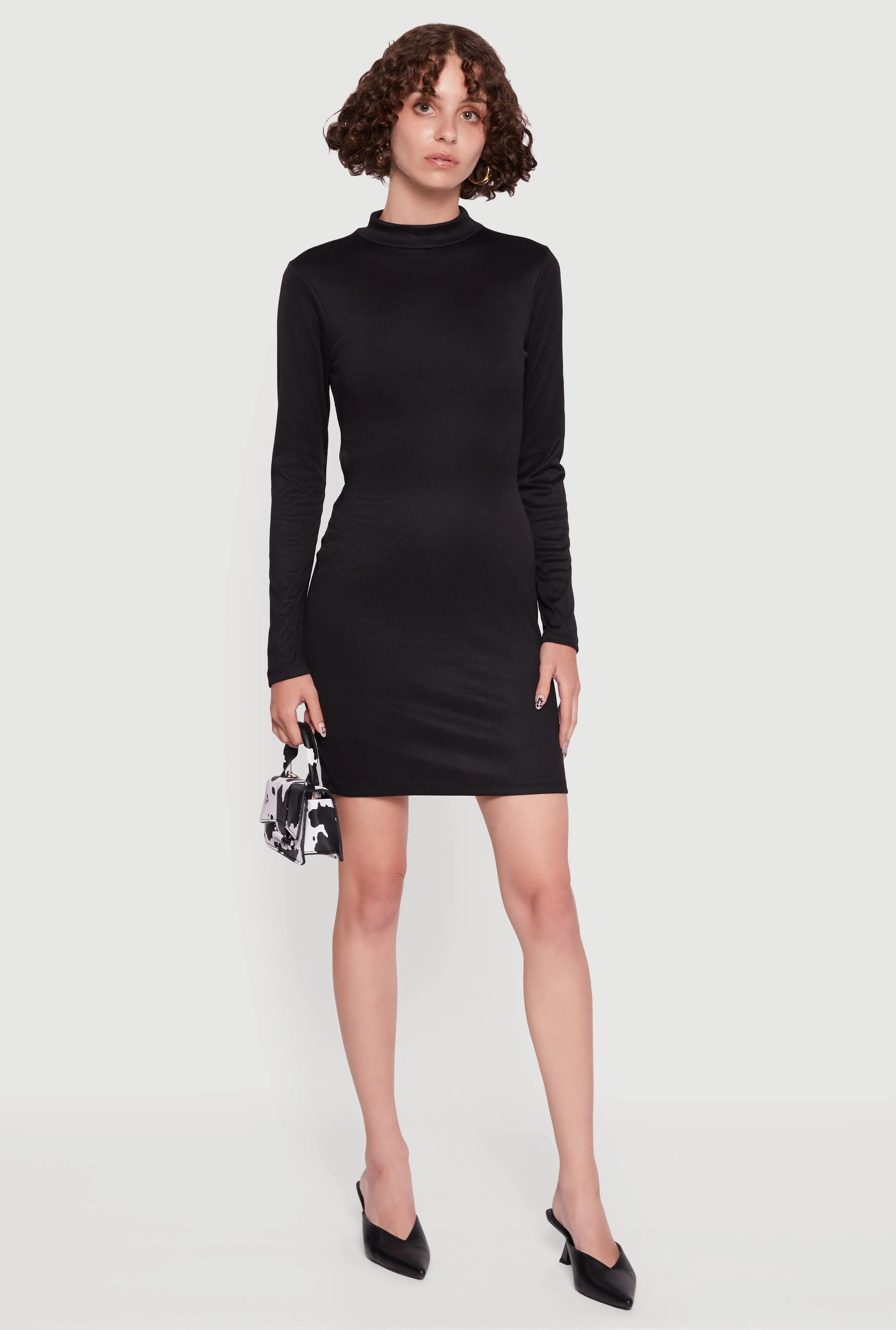 Vibrant patterned mini Ribbed Knit Open Tie Back Long Sleeve Mock Neck Mini Dress