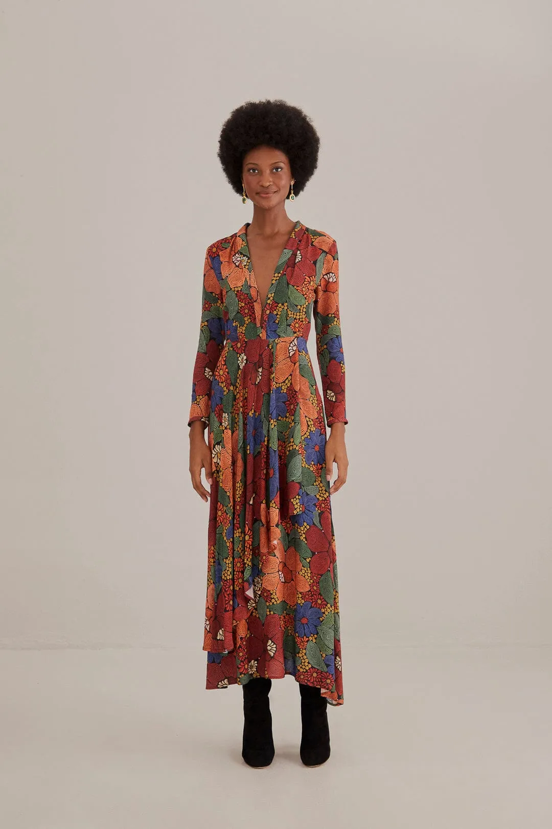 Black Stitched Flowers V Neck Maxi Dress Moon Beam